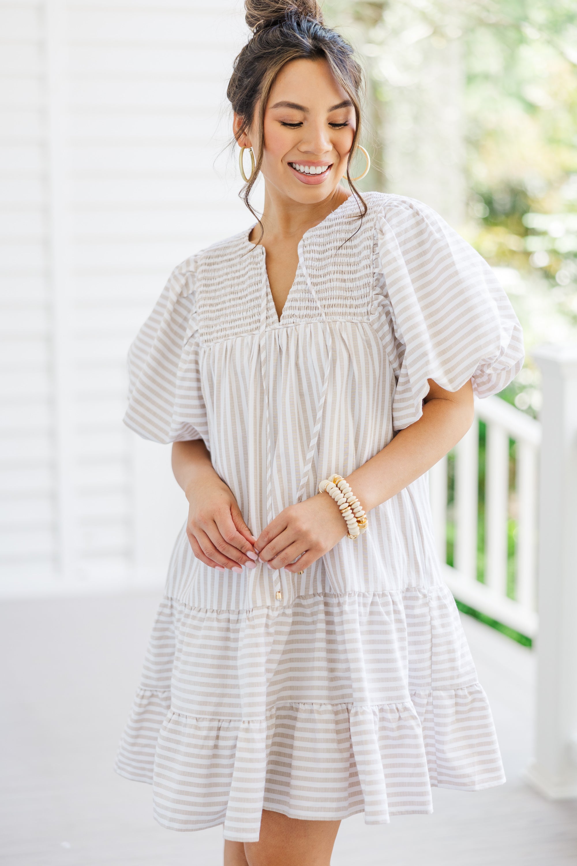 Fall in Love with Our Sand Brown Striped Face - The - Day Dress