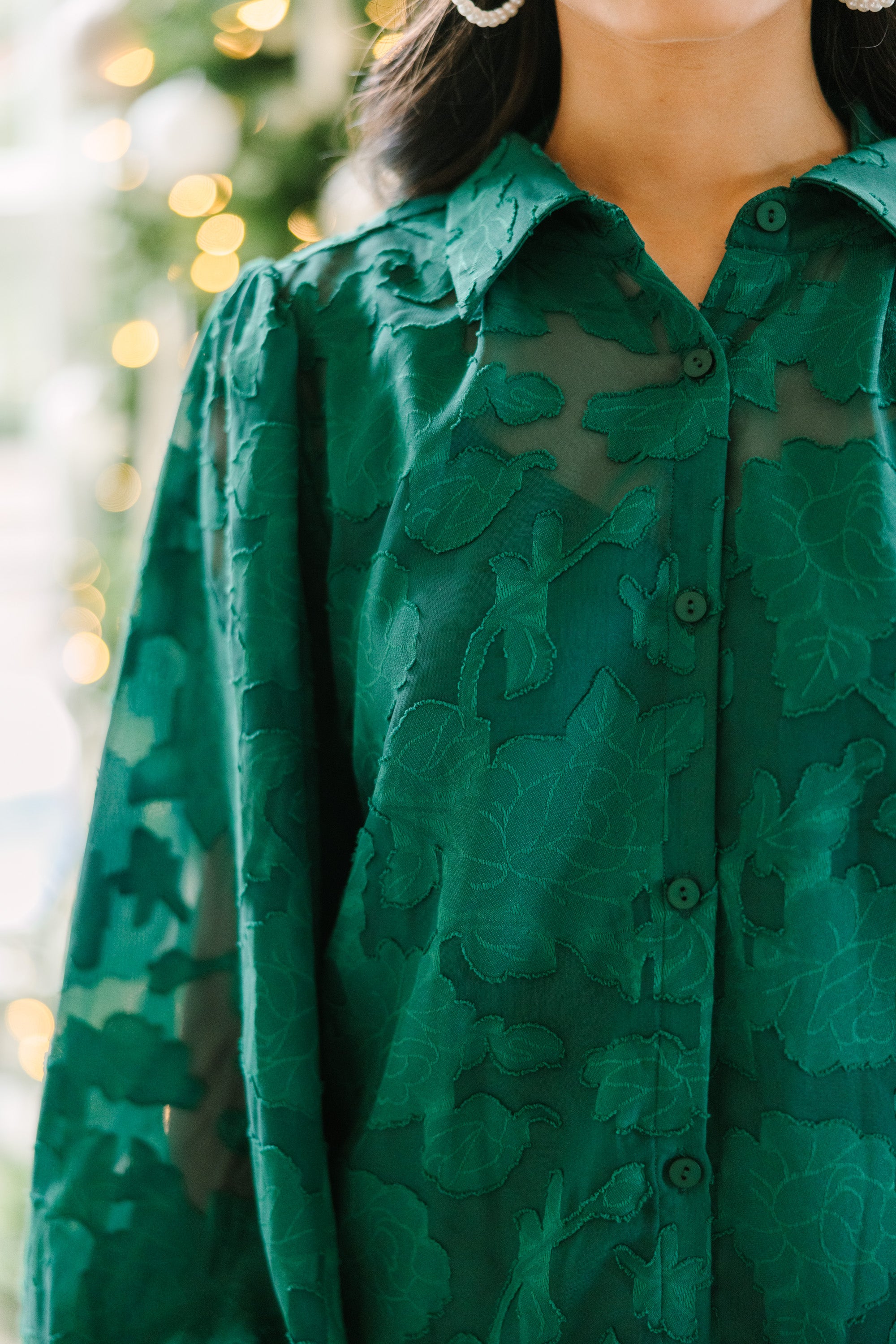 Gorgeous Emerald Green Textured Floral Blouse: All Details Included!