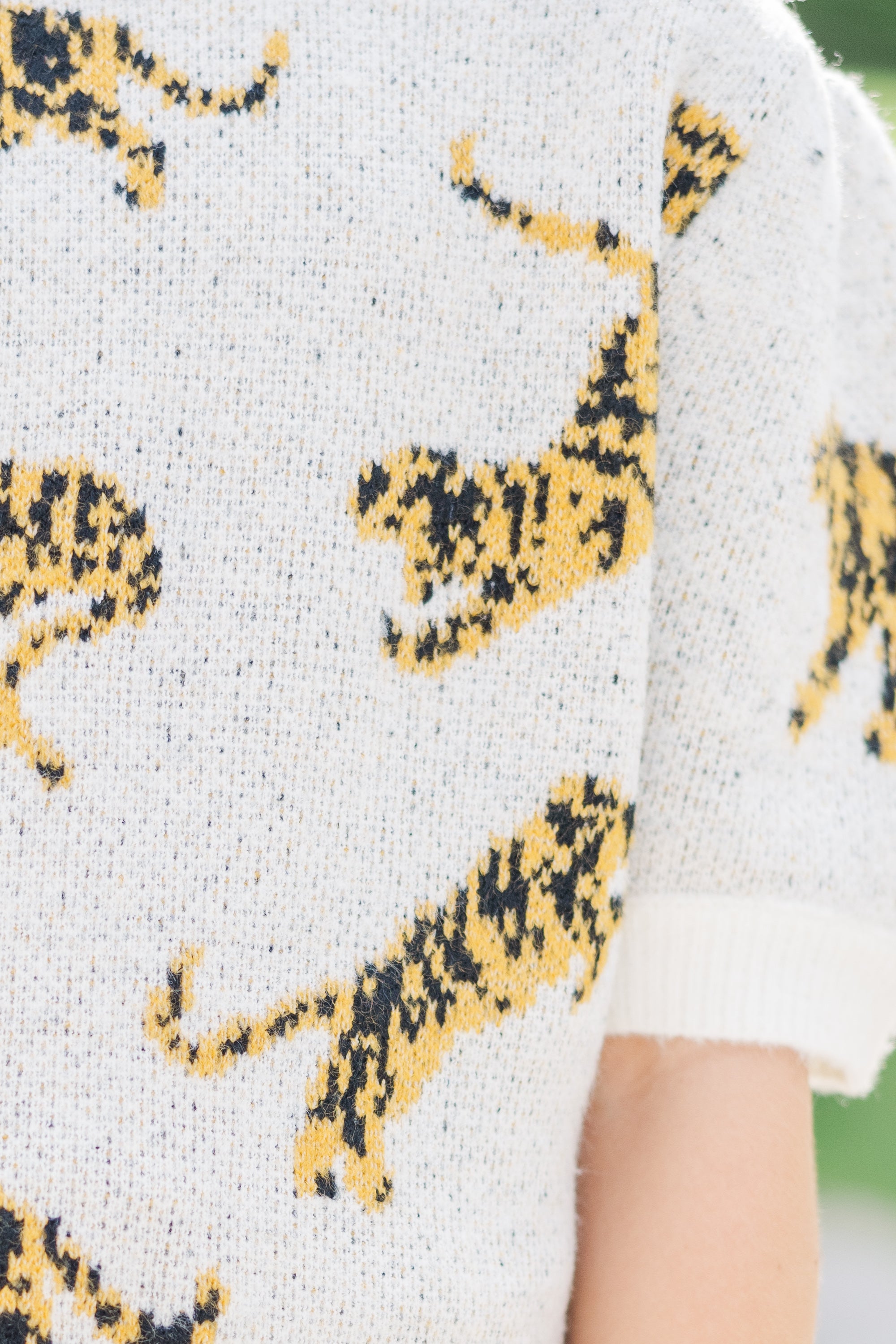 Girls' Ivory White Tiger Print Short Sleeve Sweater - On The Prowl!