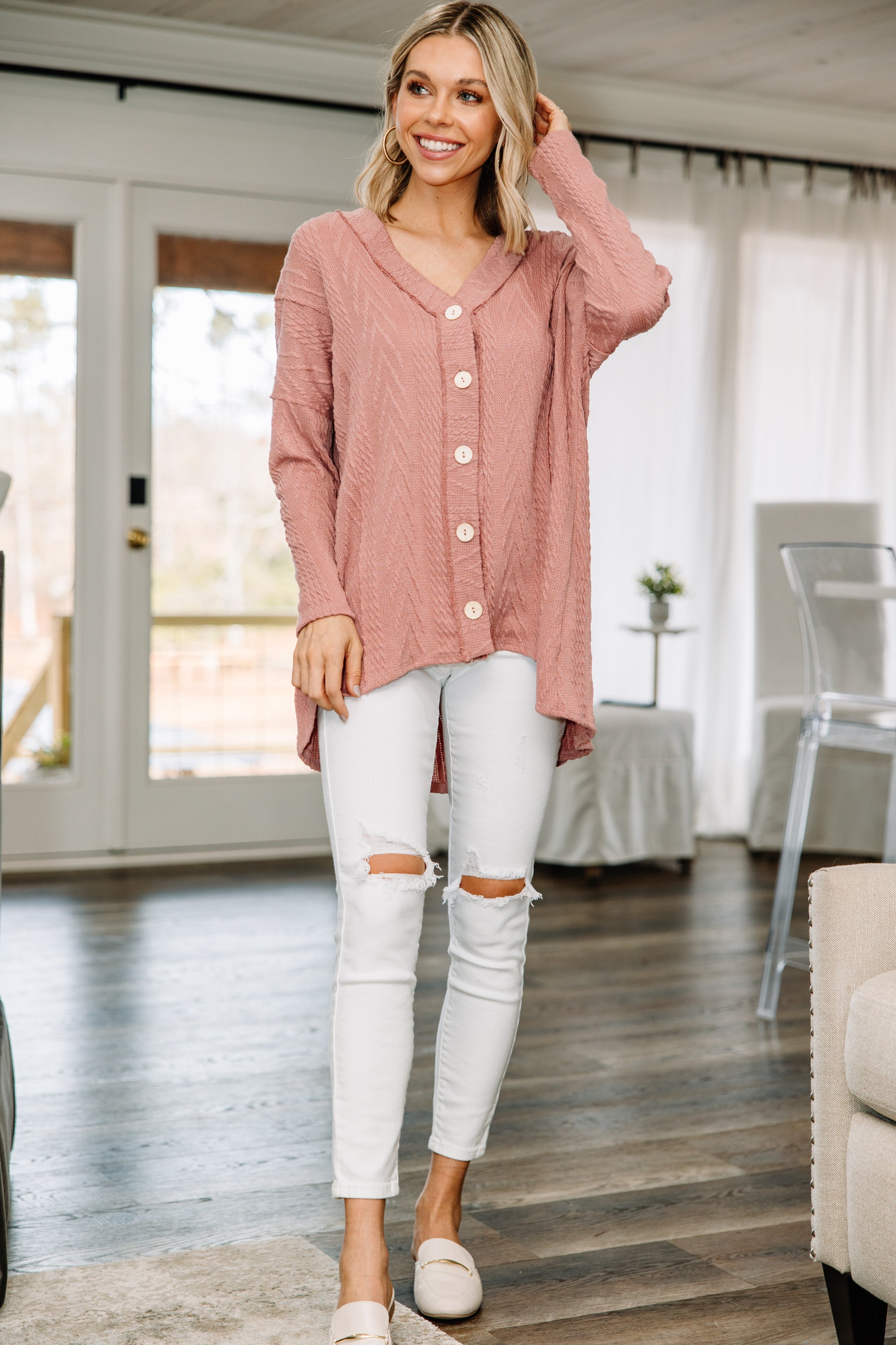Indulge in Relaxation: Mauve Pink Cable Knit Cardigan