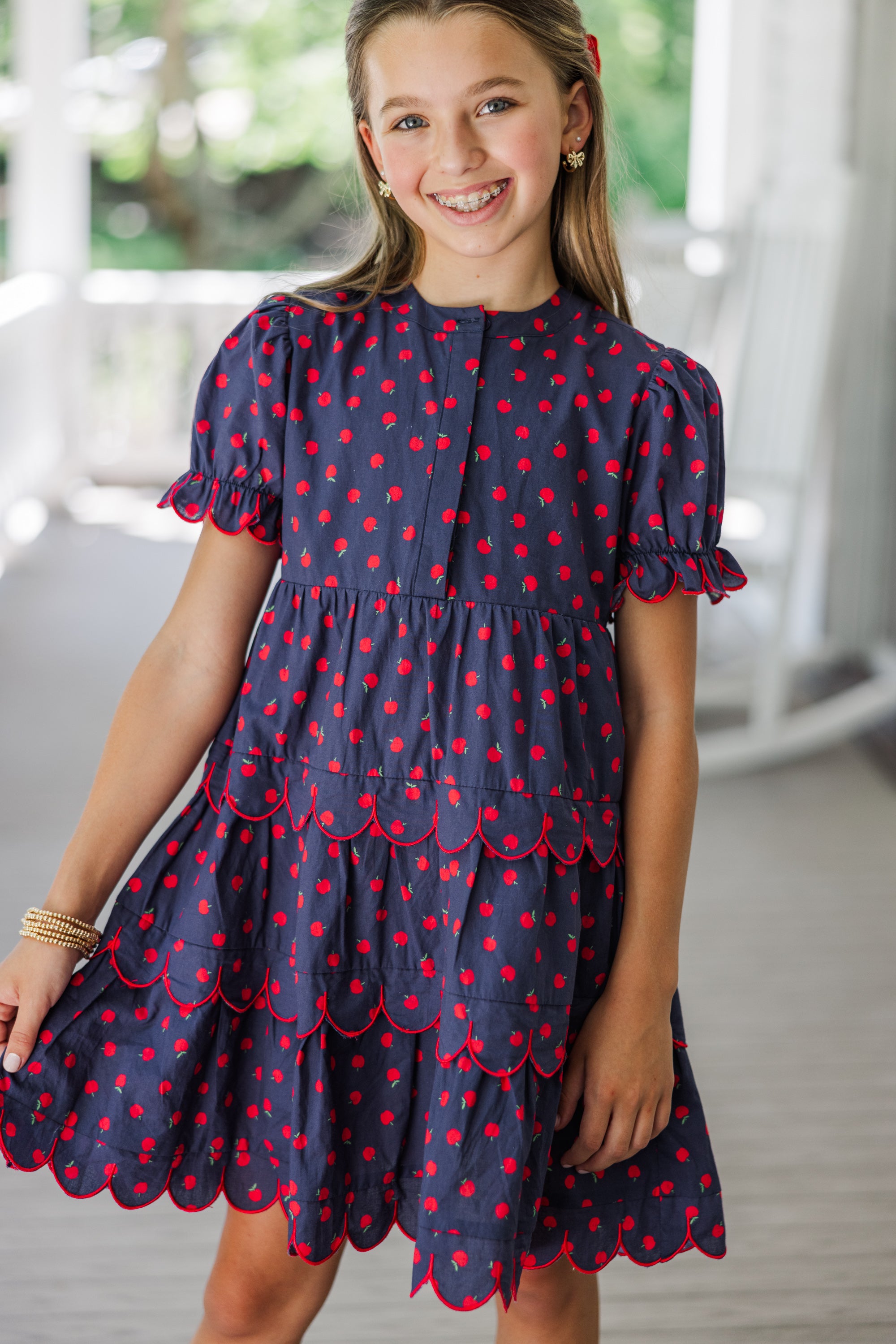 Irresistible Girls' Navy Blue Apple Print Dress - Perfectly Paired for School!