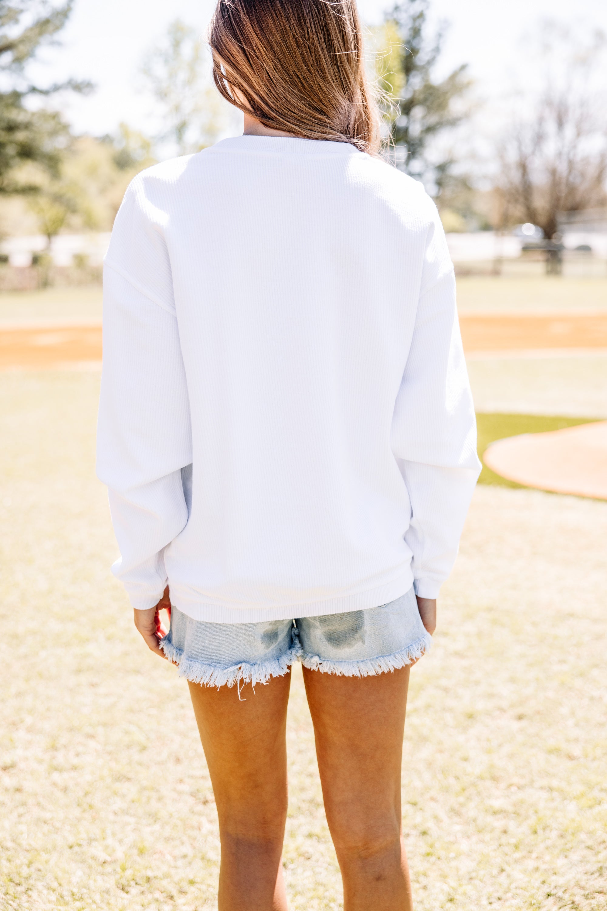 Stunning White Corded Baseball Graphic Sweatshirt