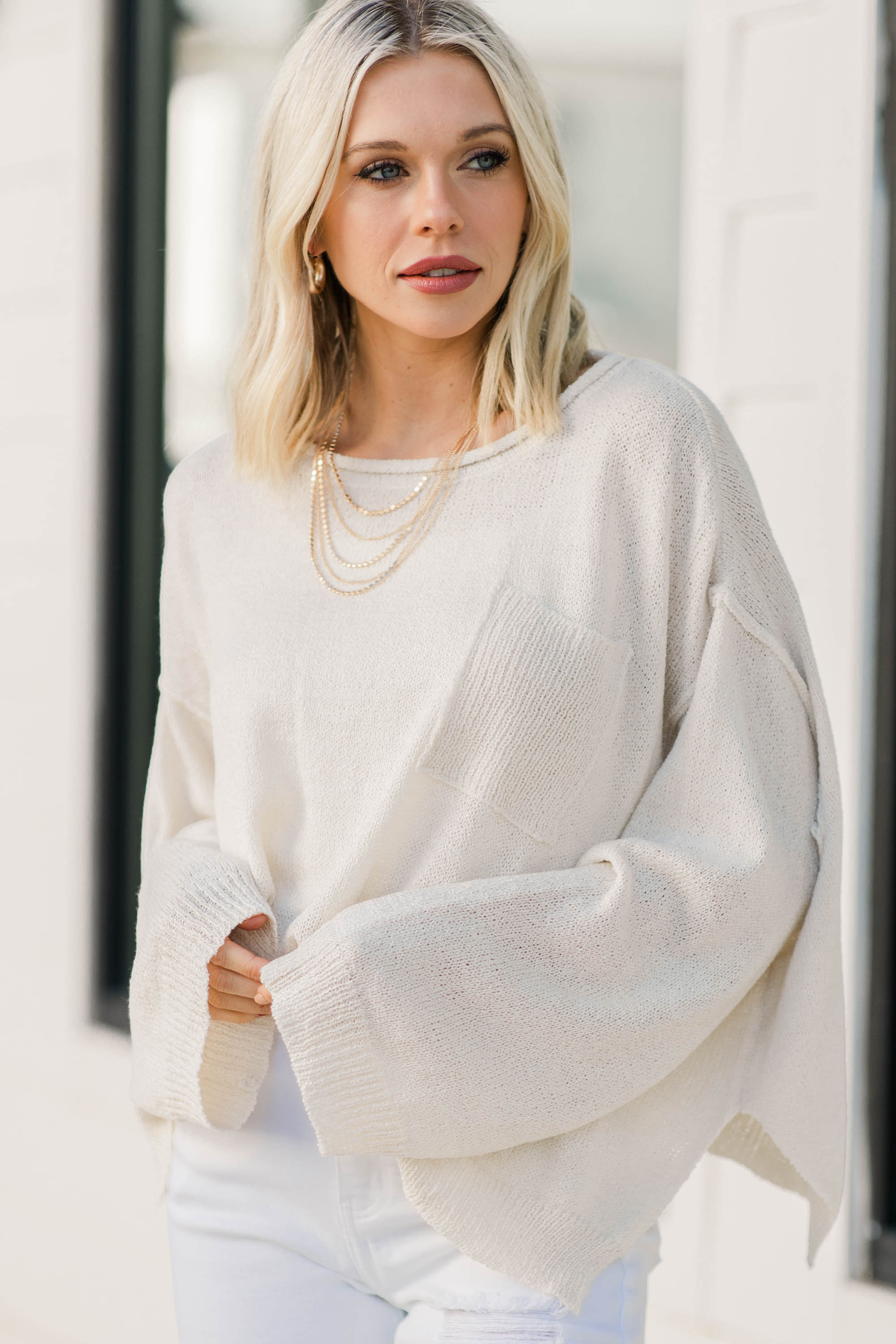 Charming Ivory White Bell Sleeve Truth-Facing Sweater