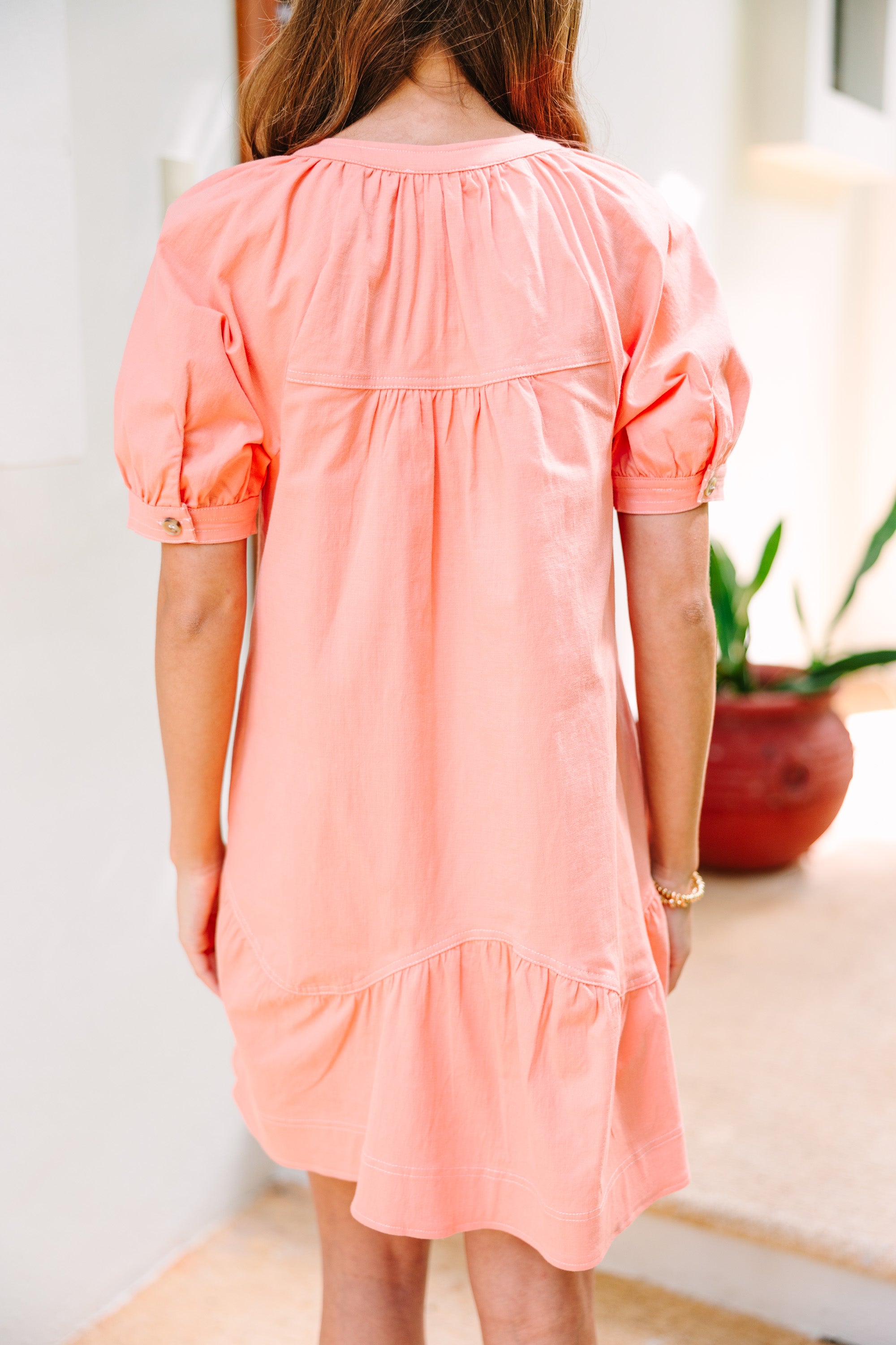 Charming Peach Pink Ruffled Spring Dress