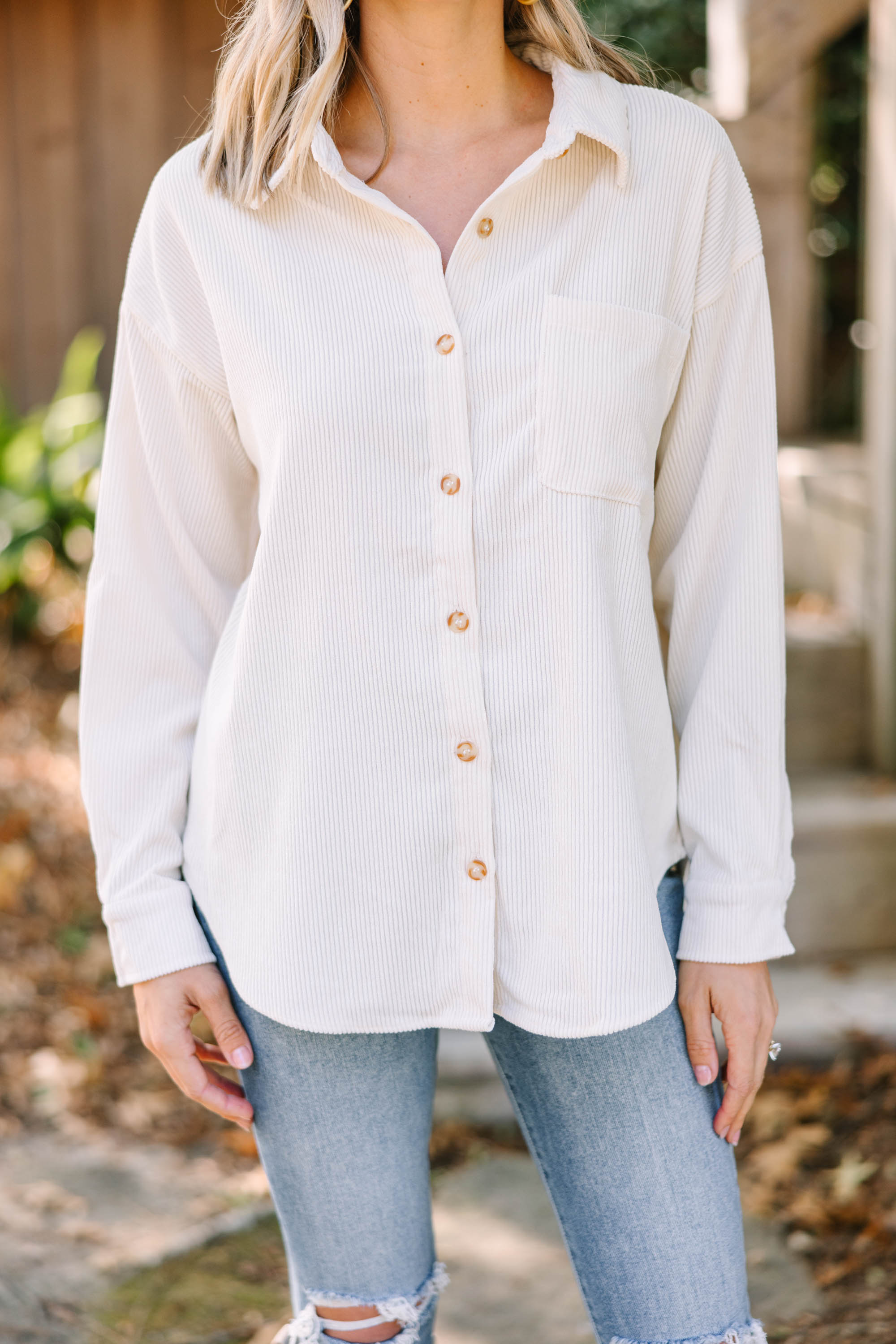 Feel Your Best in This Ivory White Corduroy Shacket
