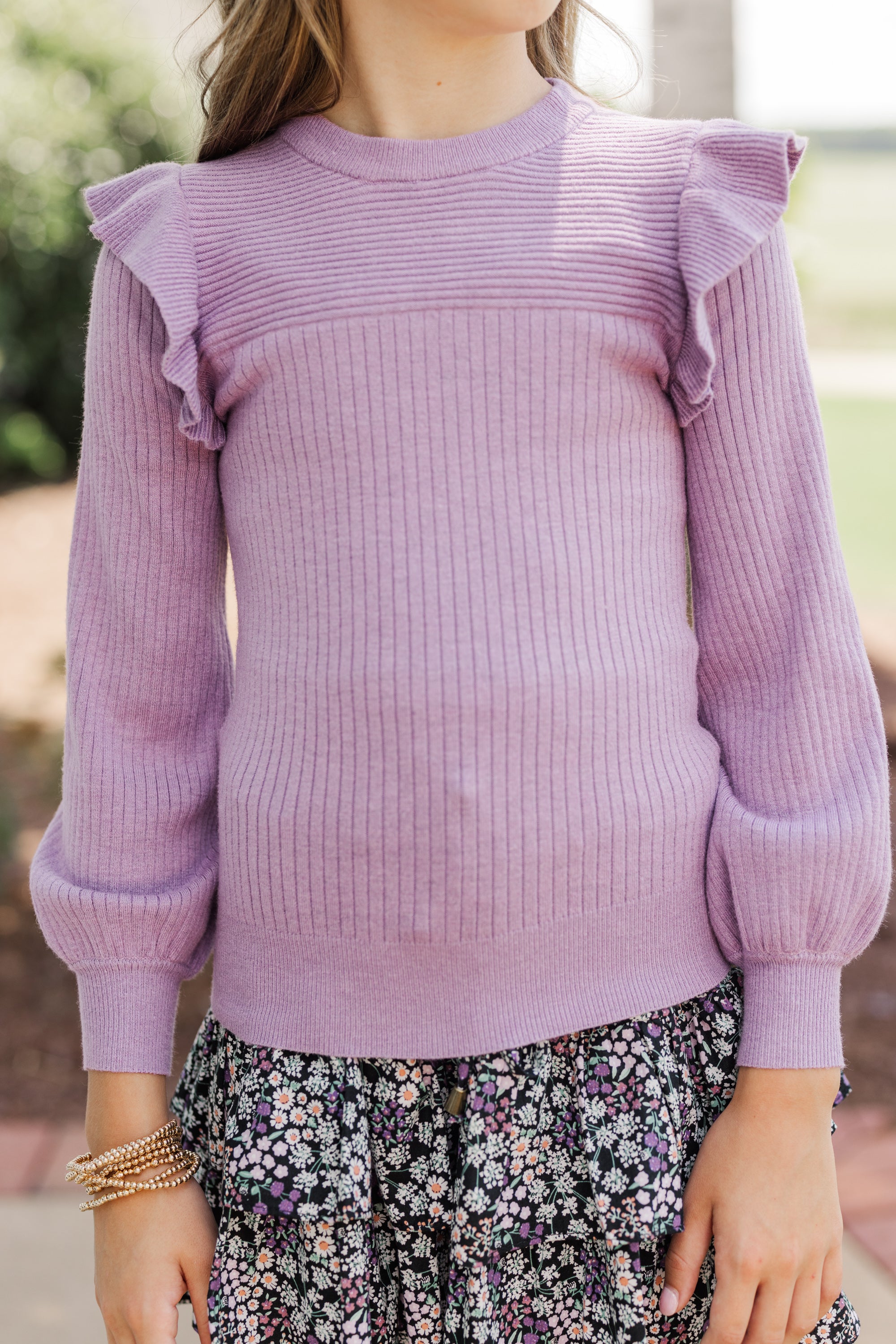 Girls' Dusty Purple Ruffled Reach-Out Sweater