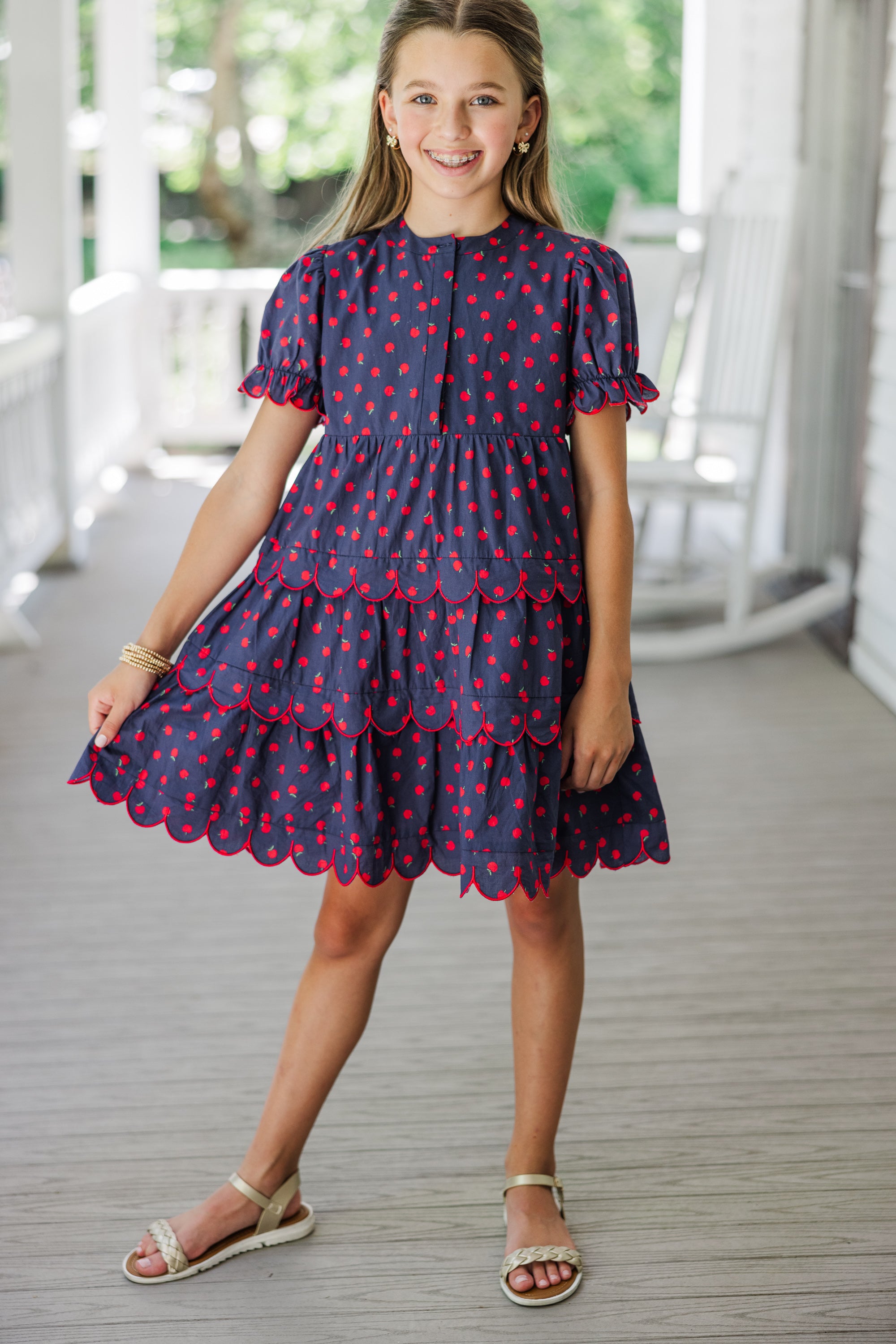 Irresistible Girls' Navy Blue Apple Print Dress - Perfectly Paired for School!