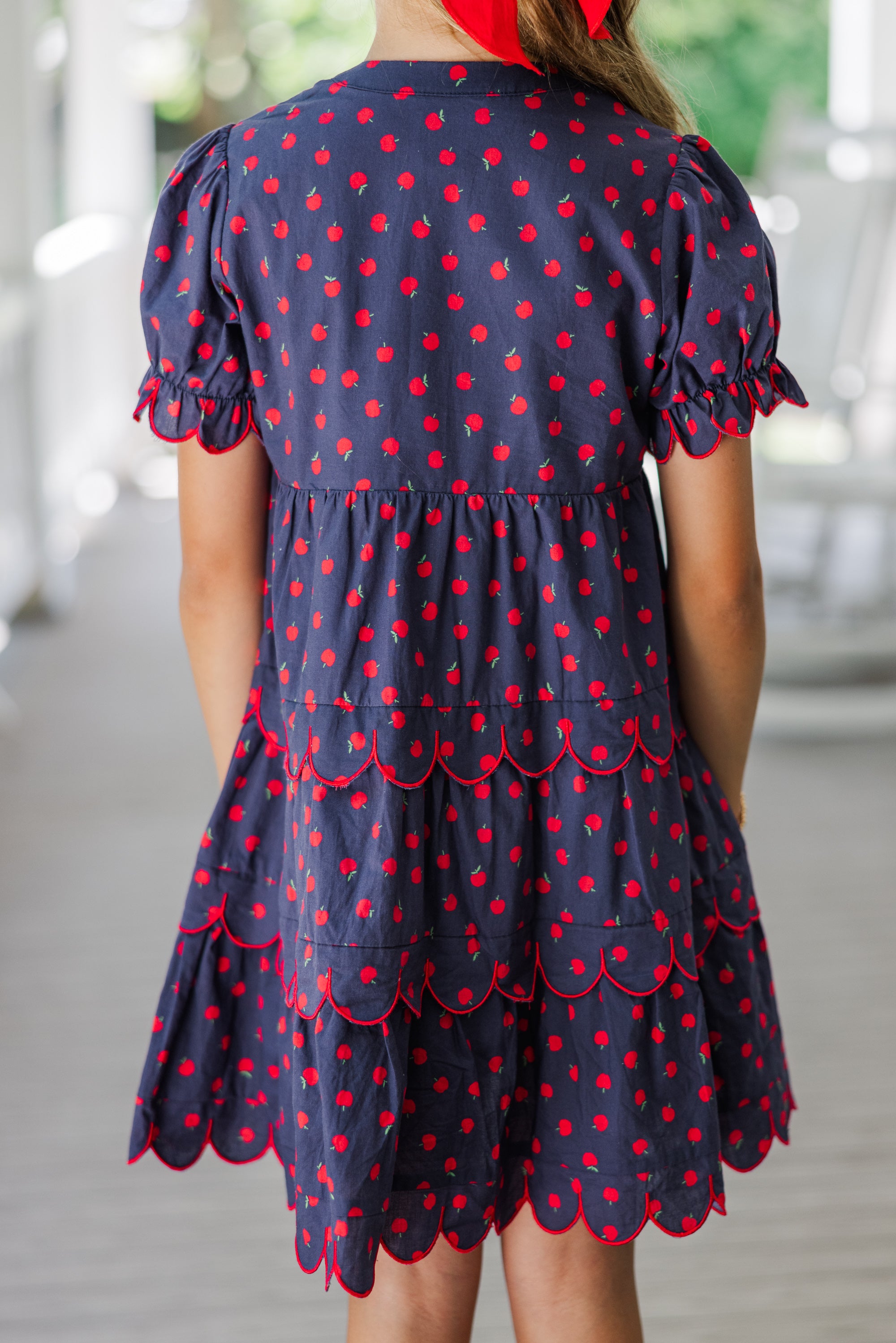 Irresistible Girls' Navy Blue Apple Print Dress - Perfectly Paired for School!