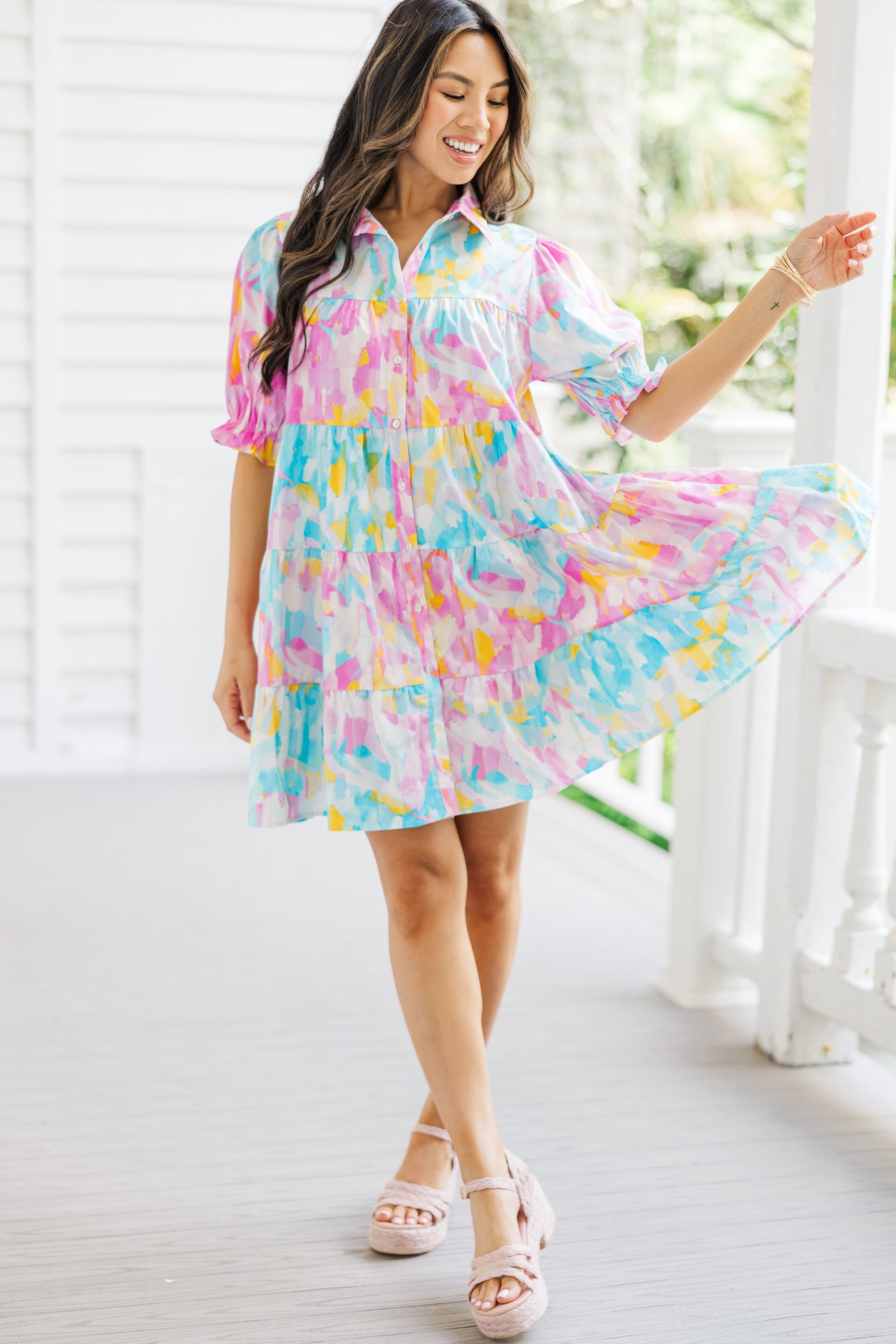 Gorgeous Pink Abstract Babydoll Dress for Blissful Moments