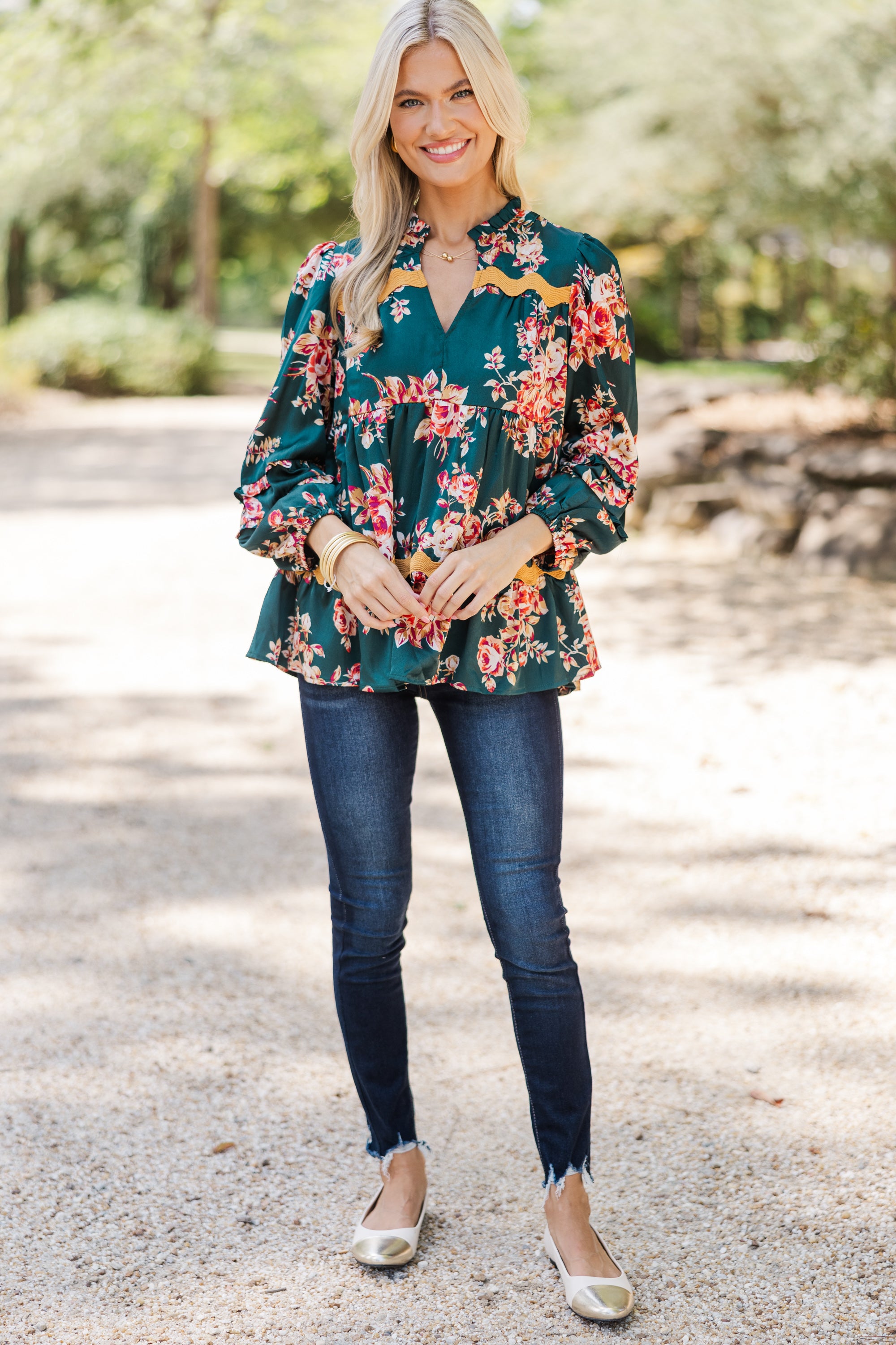 Hunter Green Floral Blouse - Your Everyday Joy