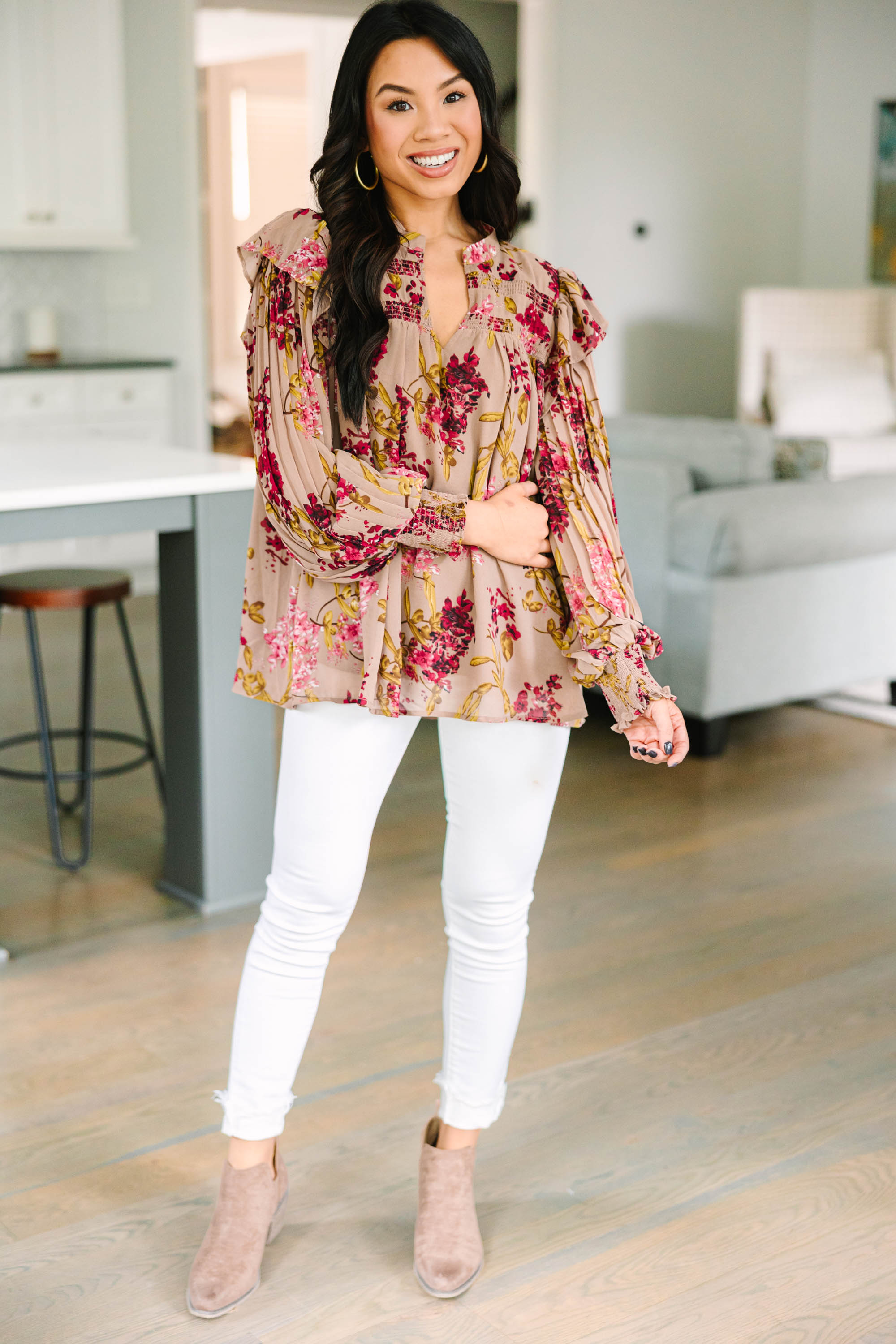 Gorgeous Latte Brown Floral Blouse - Feel Your Best!