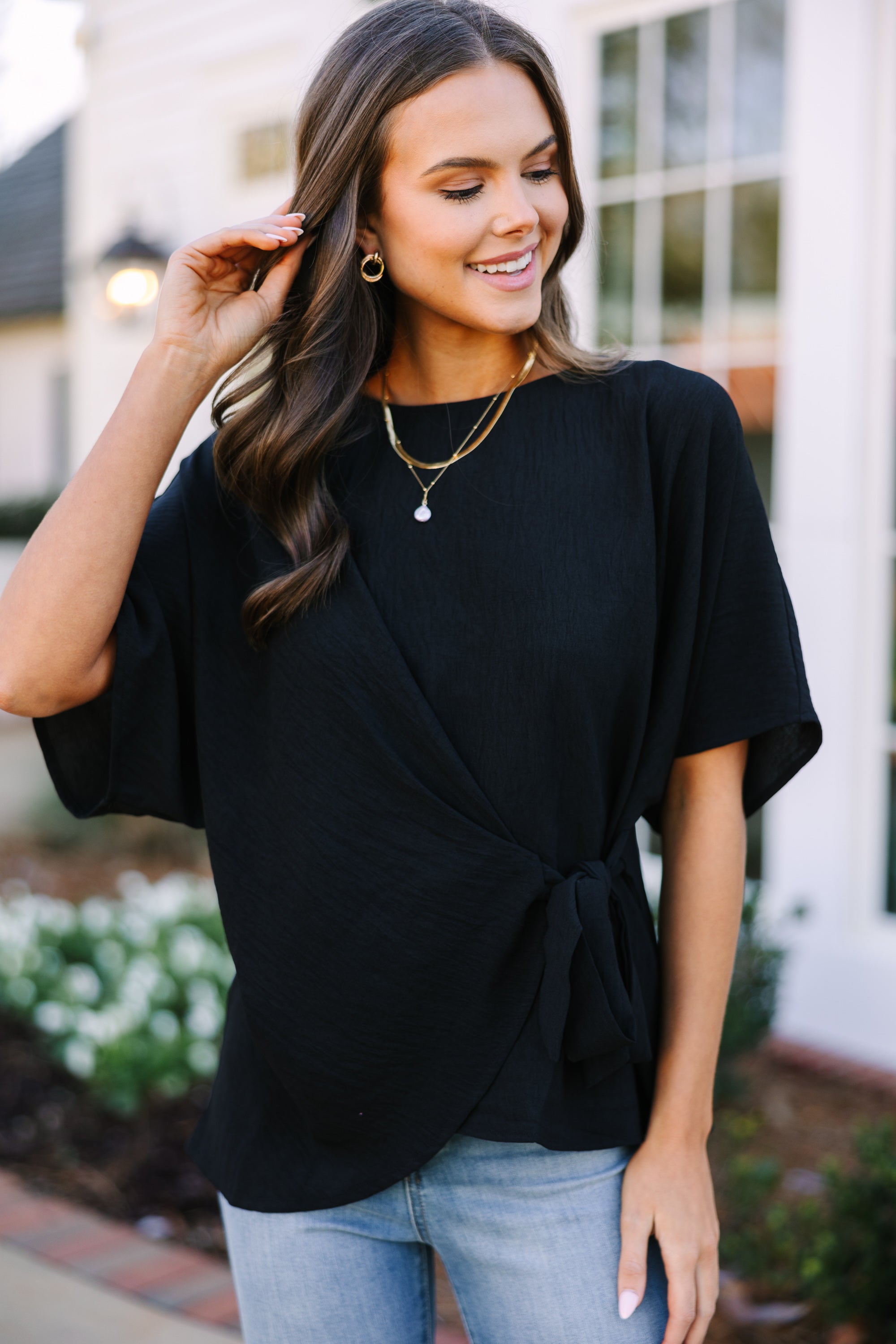 Joyful Black Tied Feminine Blouse