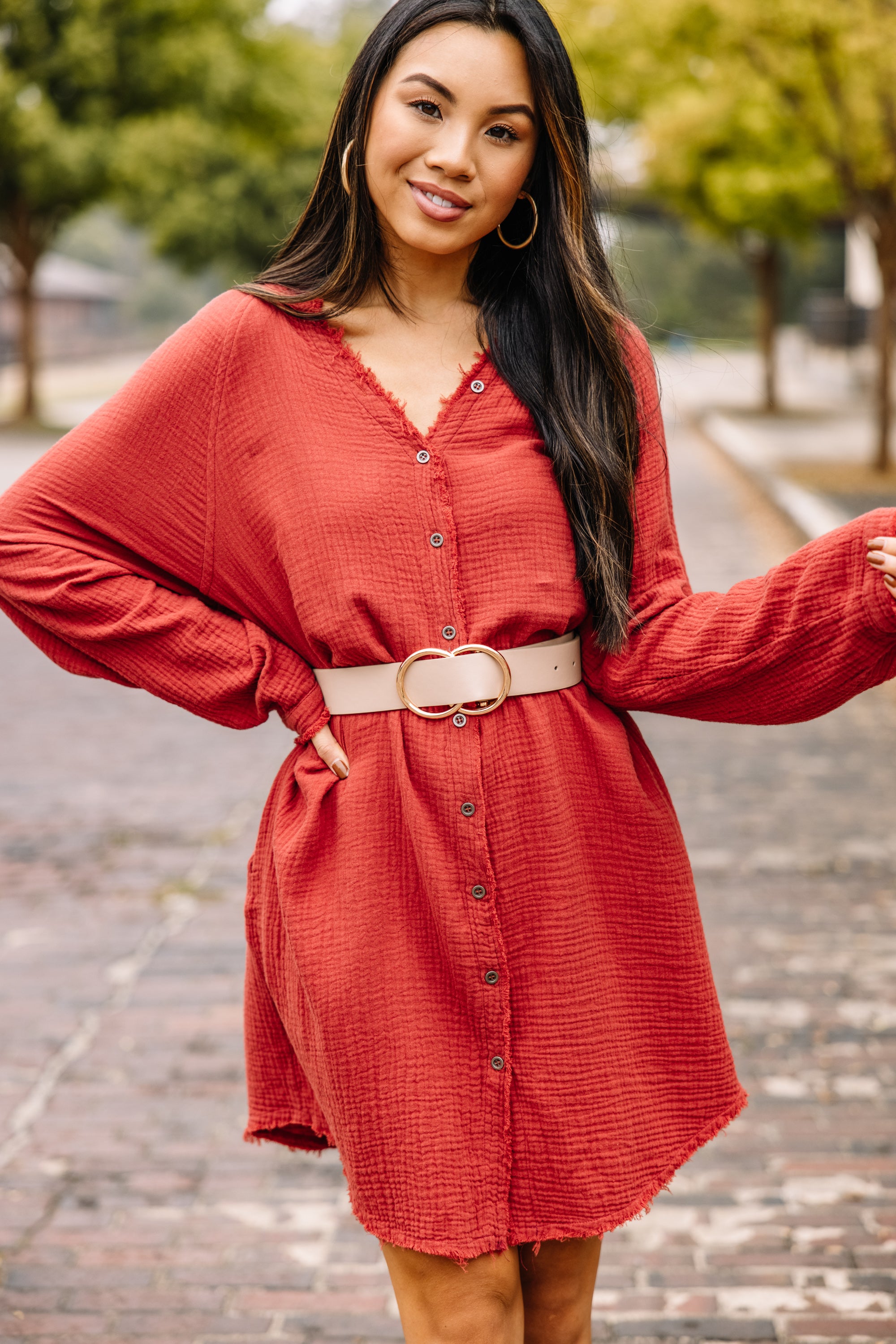 All Is Well Rust Orange Button-Down Dress: Trendy & Comfortable!
