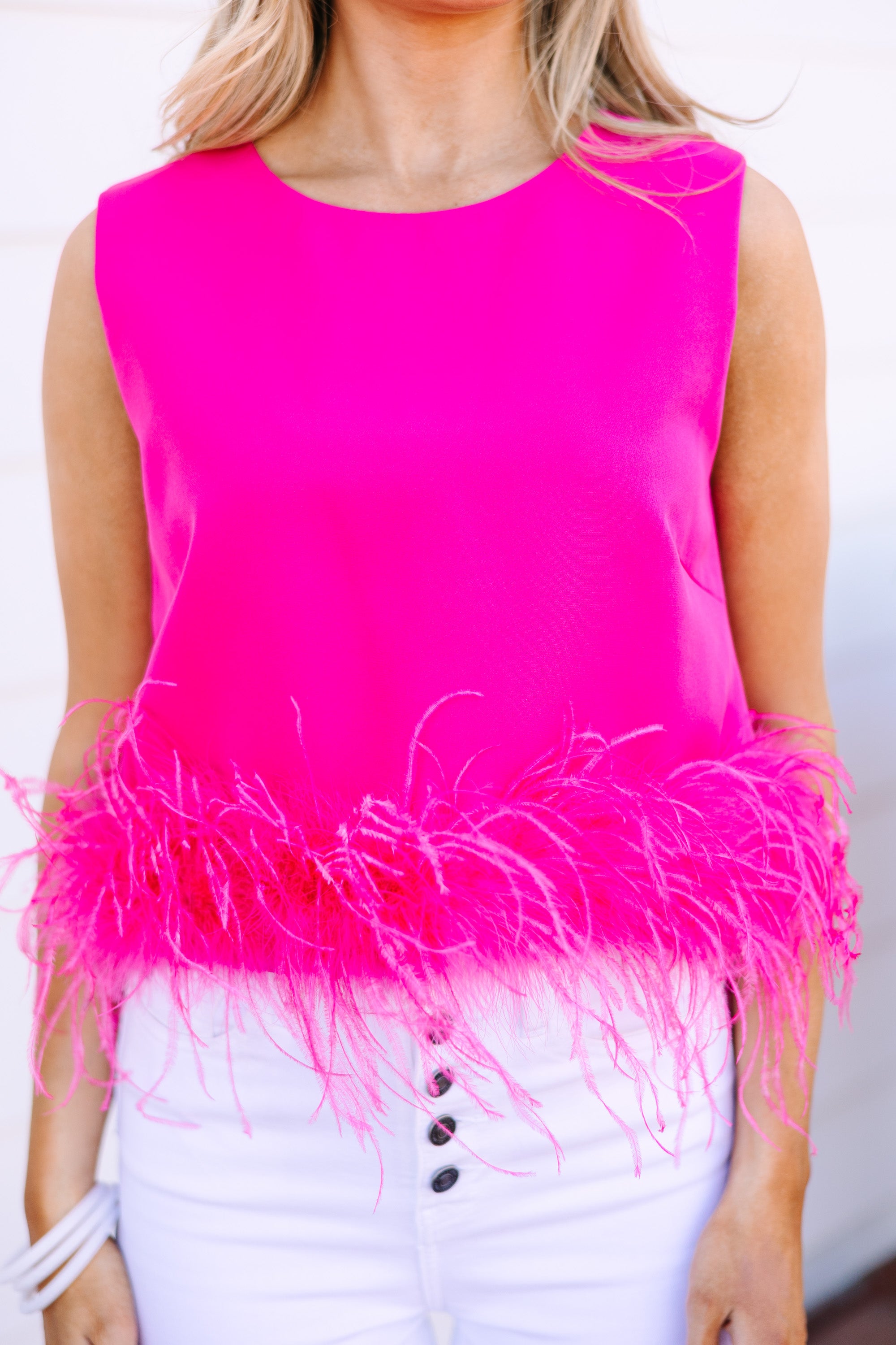 Be the Center of Attention: Hot Rose Feather Trim Blouse