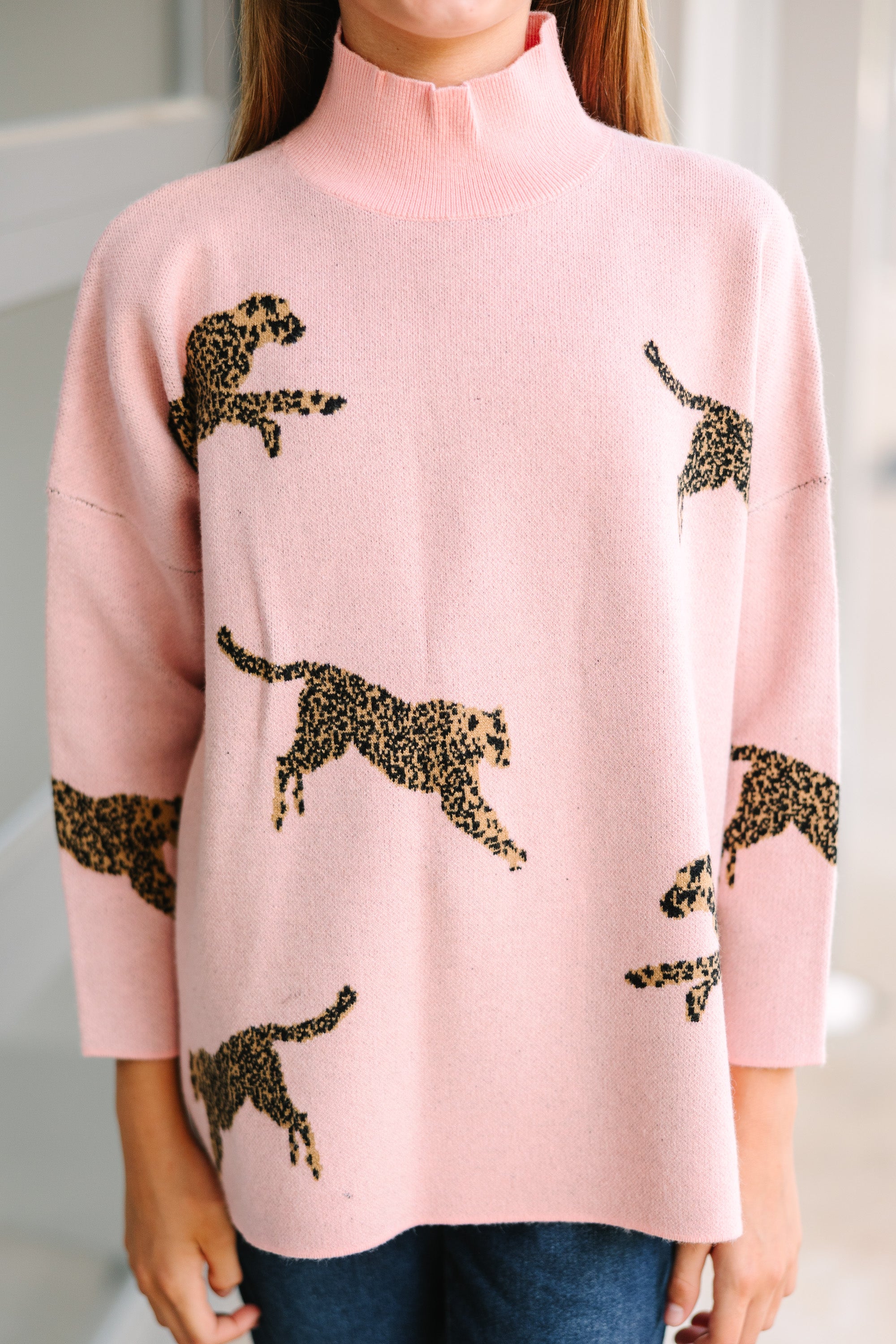 Girls' Light Pink Cheetah Print 3/4 Sleeve Cozy Sweater - Quick Must-Have!