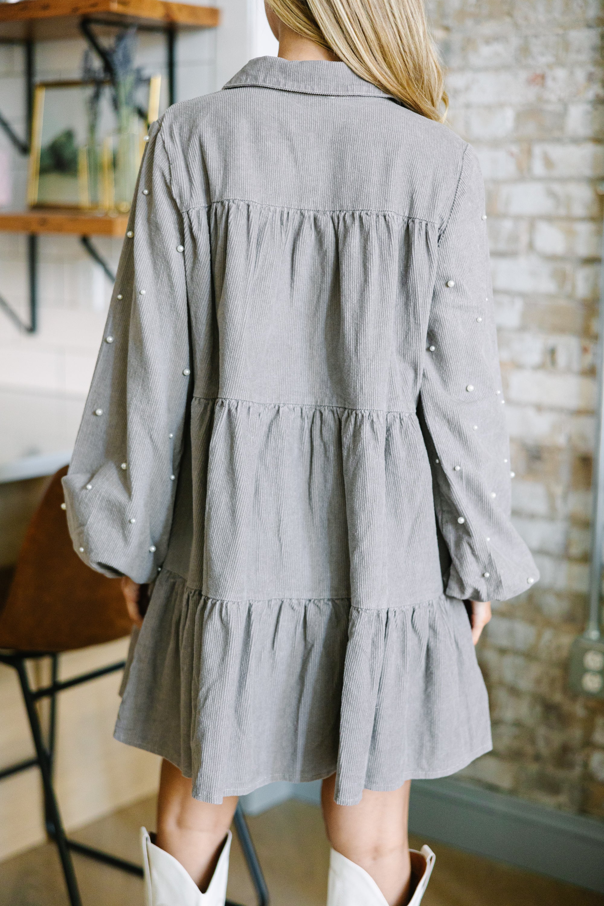 Joyful Charcoal Gray Pearl-Embellished Corduroy Babydoll Dress