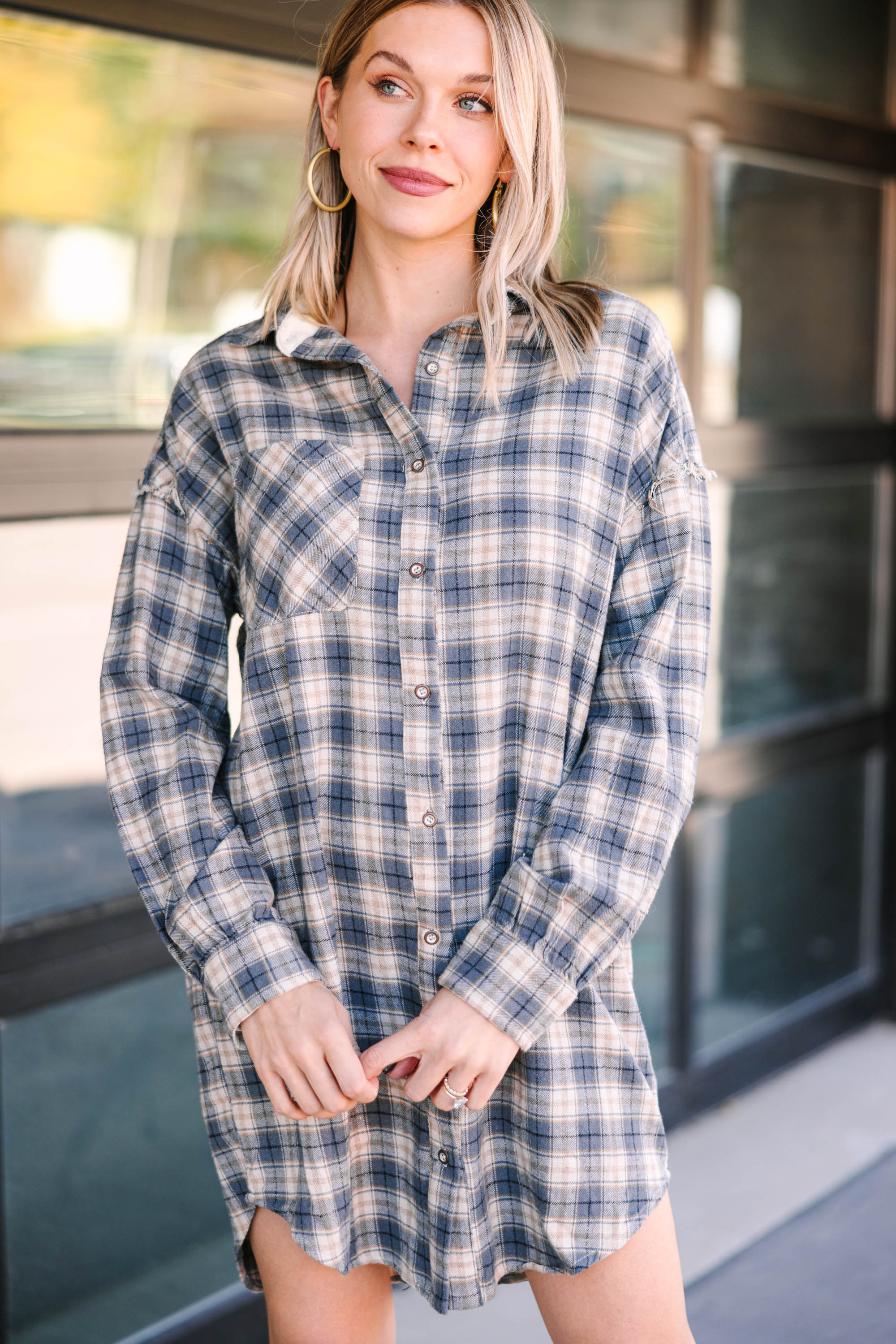 Slate Blue Plaid Shirt Dress: Feel Your Best!
