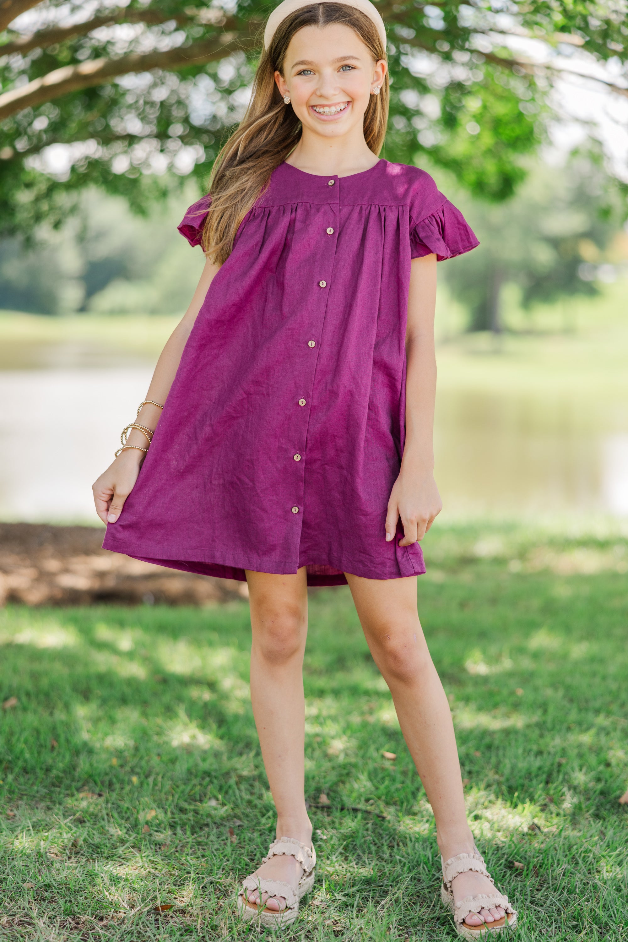 Girls' Magenta Purple Linen 'See You Soon' Dress - Irresistible Style!