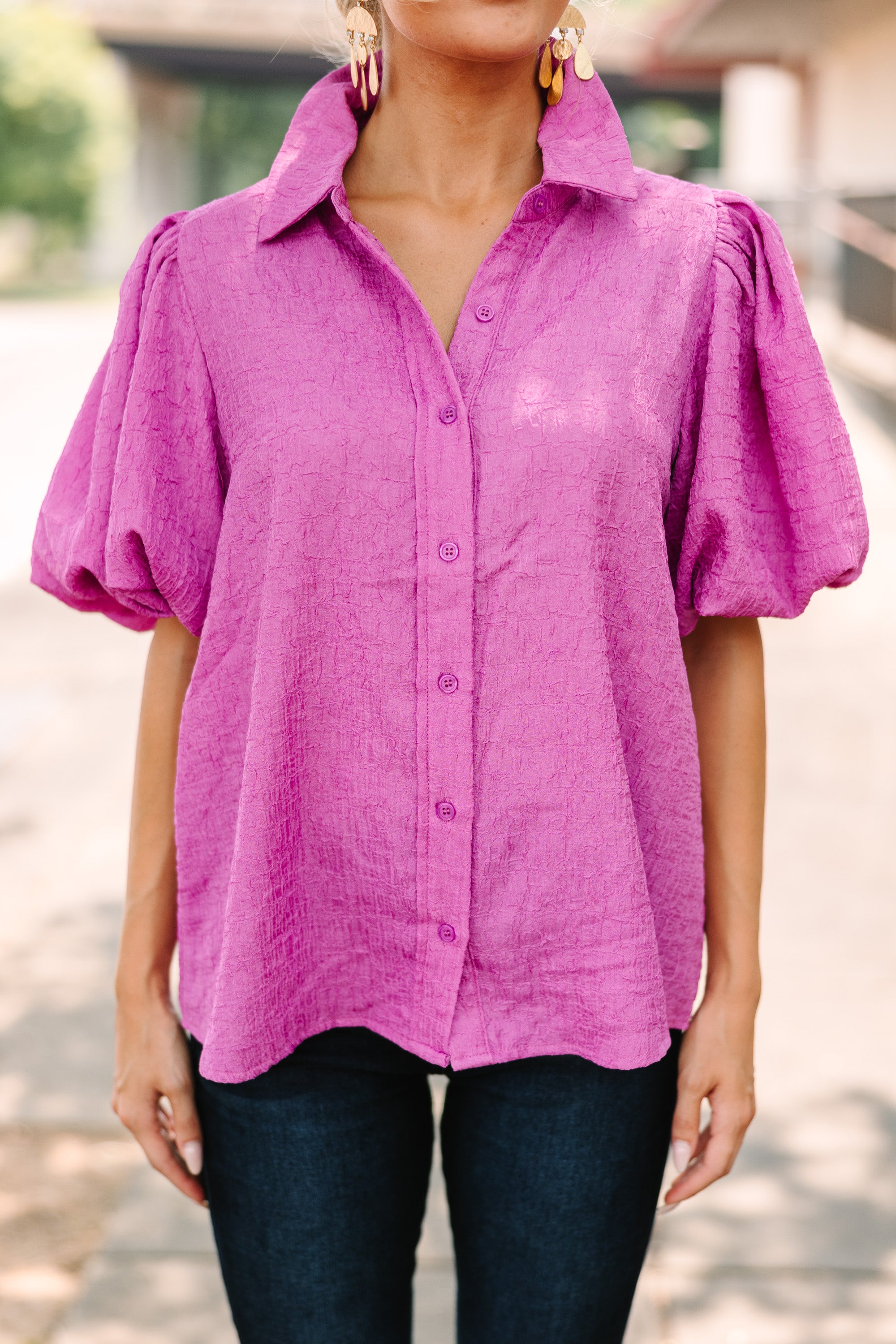 Chic Purple Textured 'Happy You're Here' Orchid Blouse