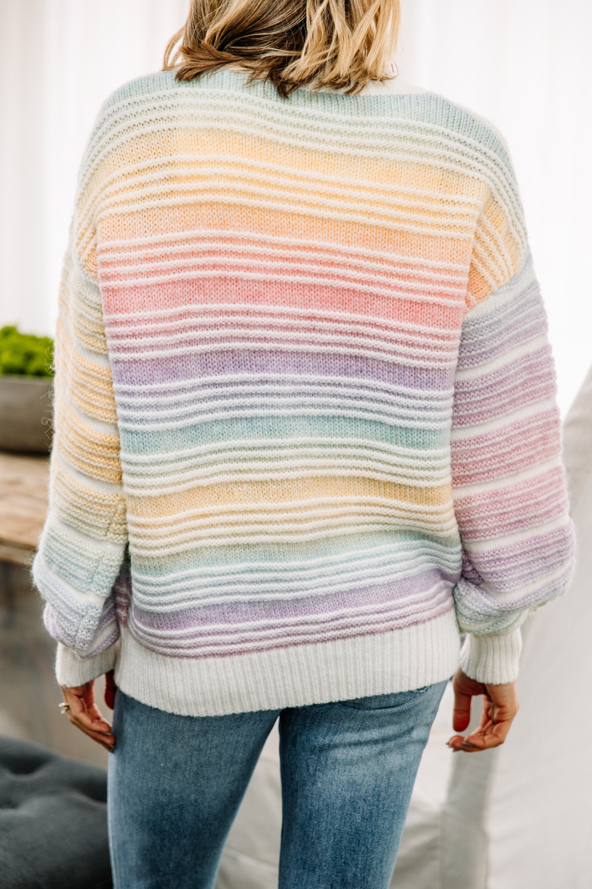 Gorgeous Happy To Be Here Rainbow Pink Striped Sweater