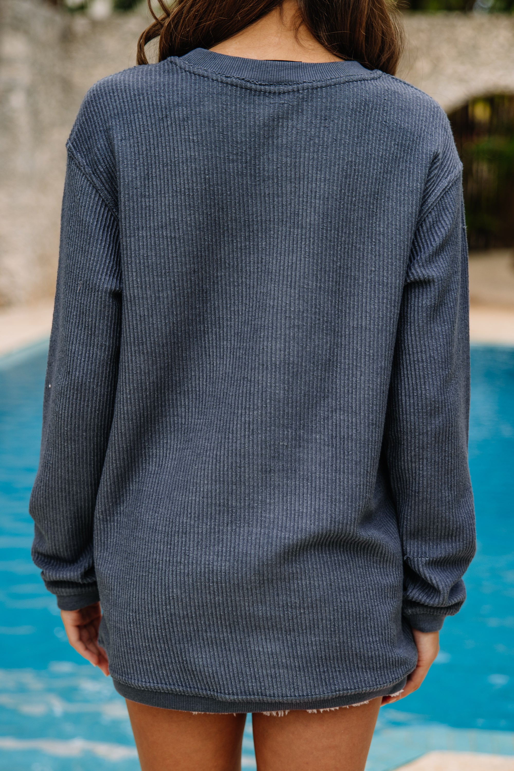 Happy Hour Navy Blue Embroidered Corded Sweatshirt - A Summer Must-Have!