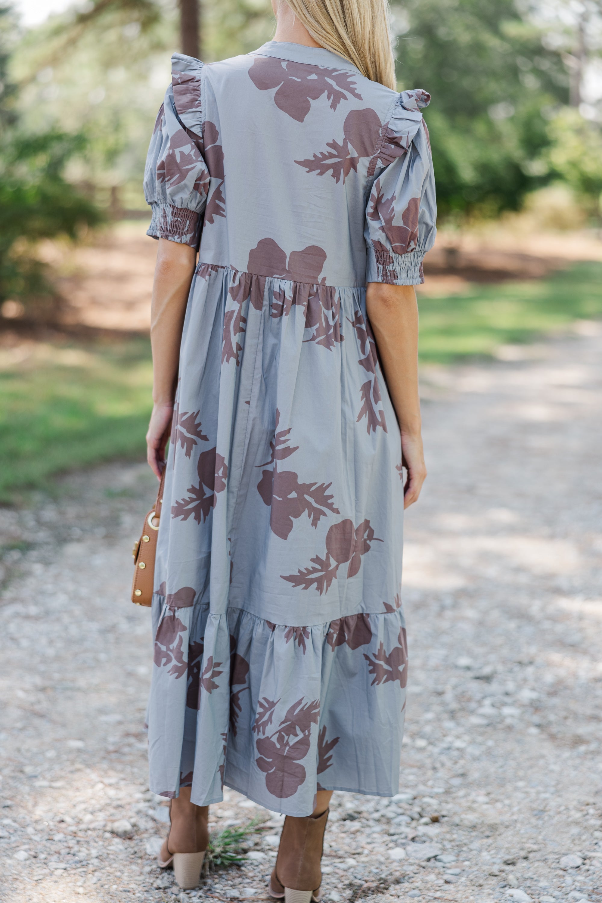 Enchanting Slate Blue Floral Midi Dress: Fall's Allure