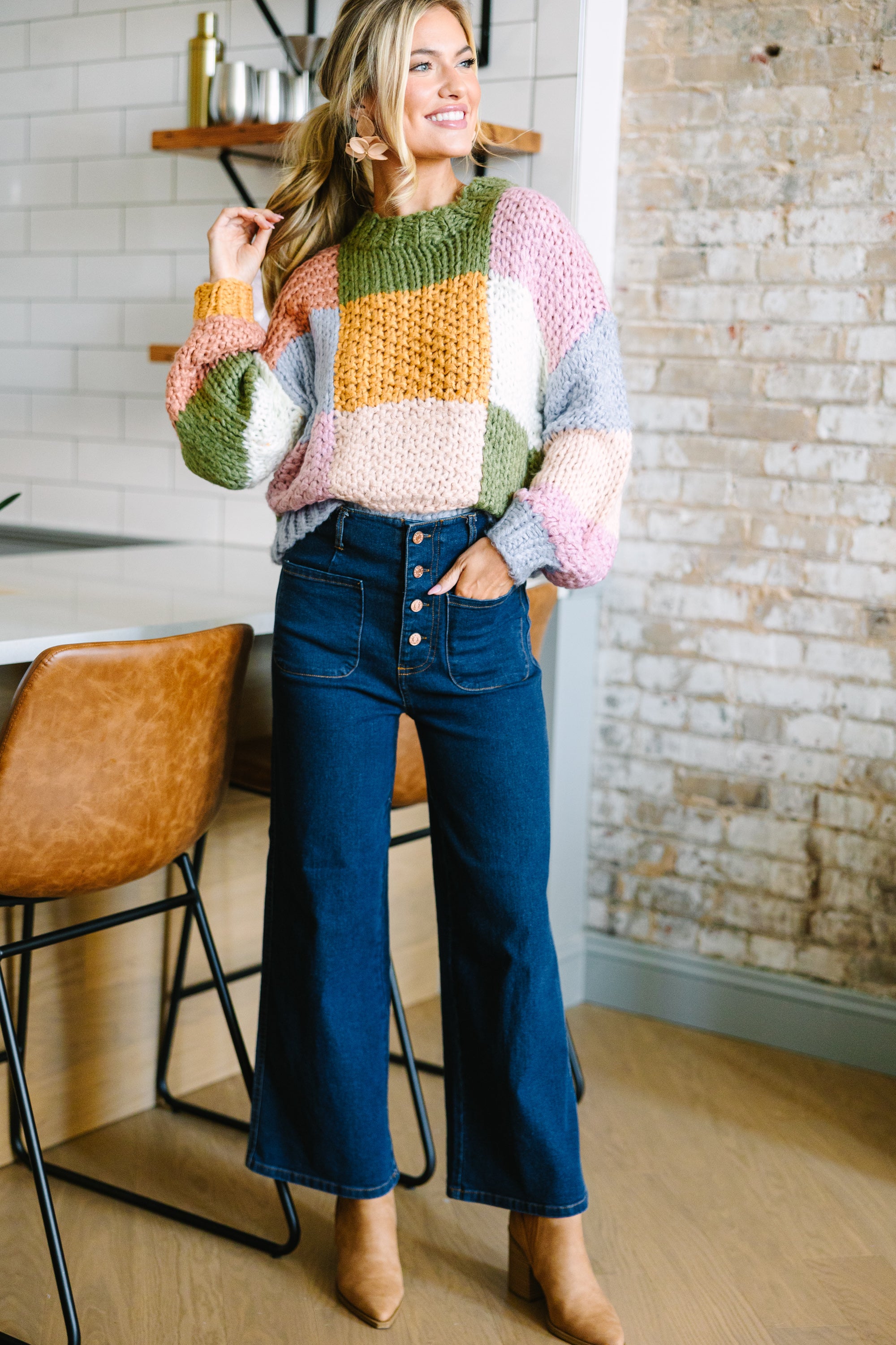 Irresistible Olive Green Colorblock Chunky Sweater