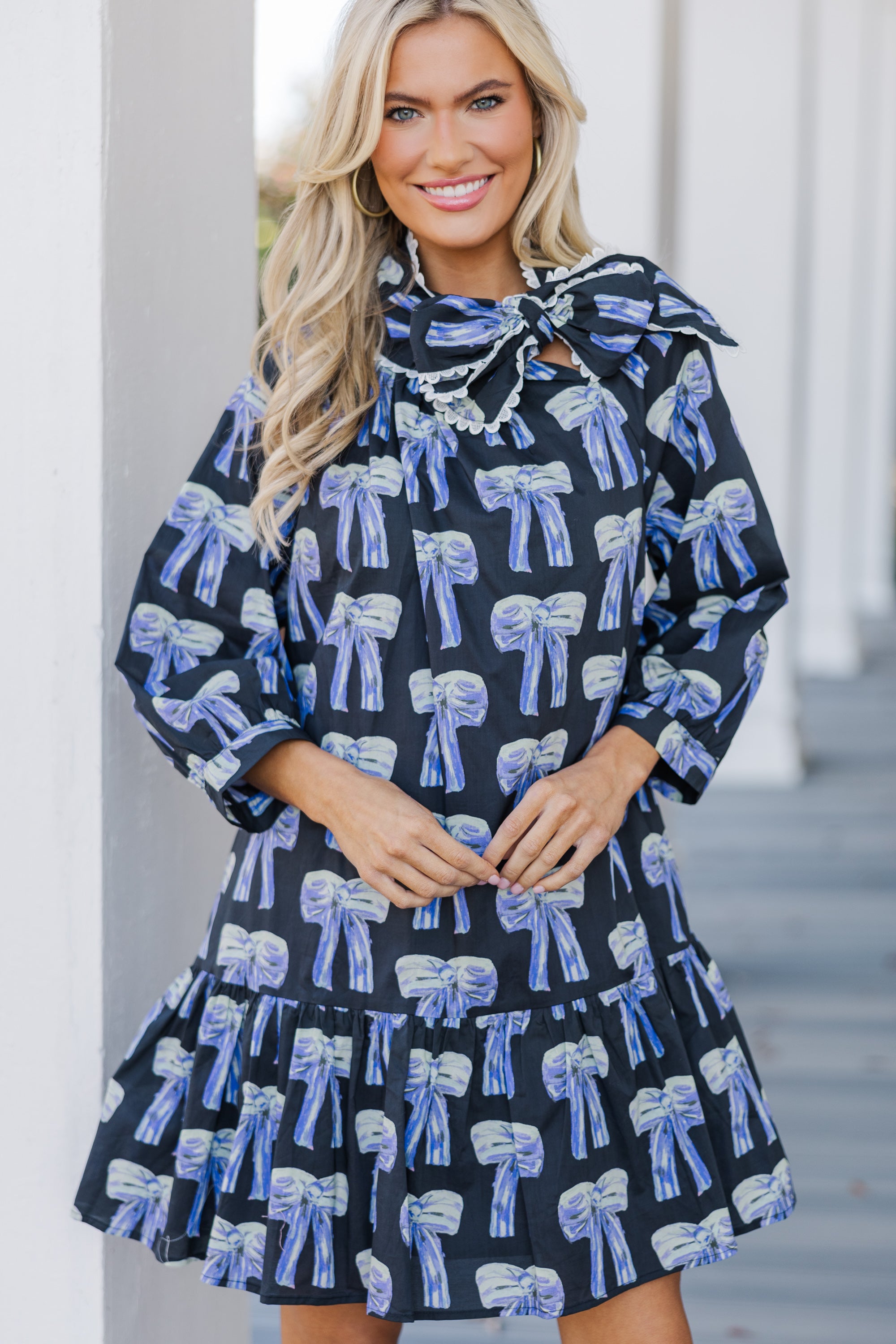 Gorgeous Black Bow Print Dress - Effortlessly Stylish!