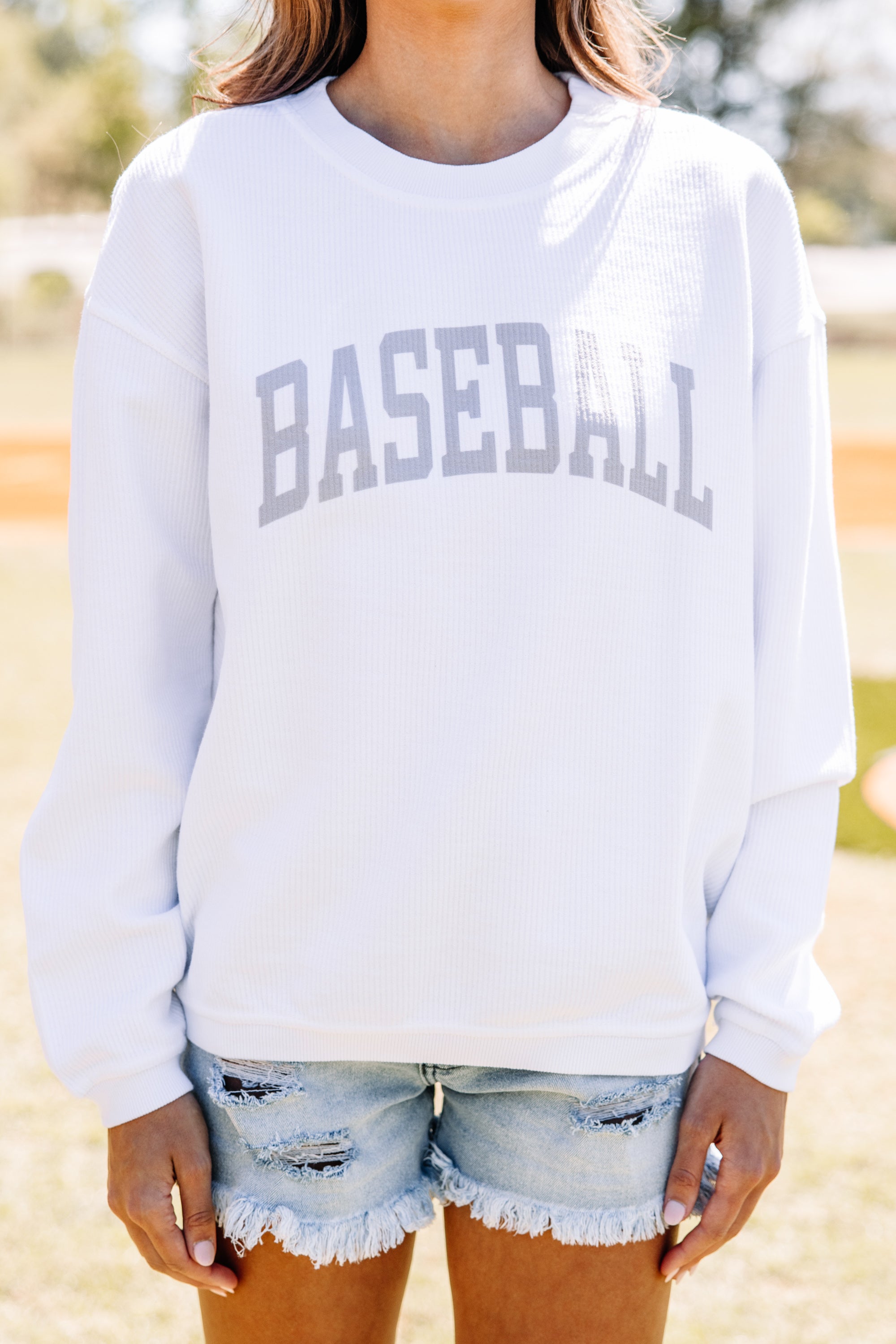 Stunning White Corded Baseball Graphic Sweatshirt