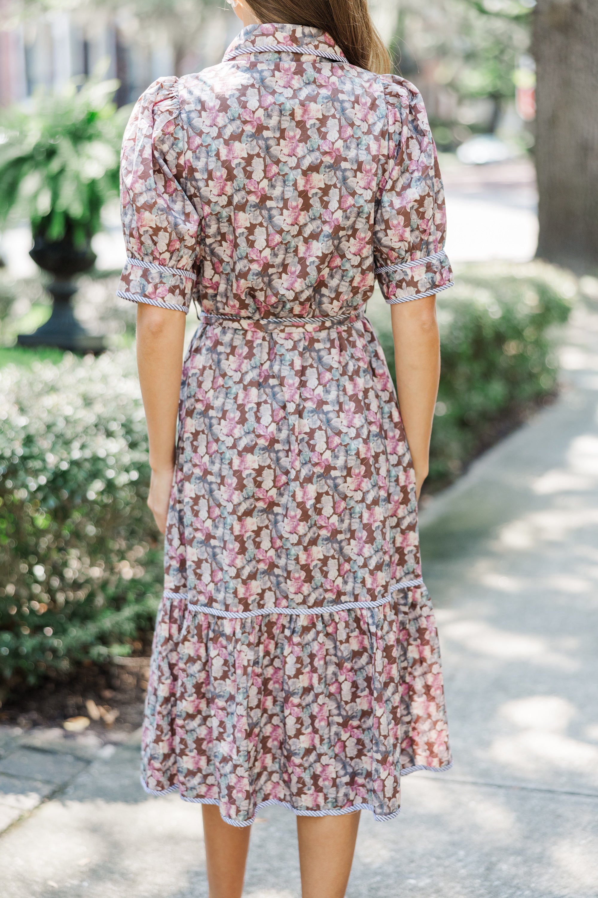 Fall in Love with the Be With Me Brown Ditsy Floral Midi Dress