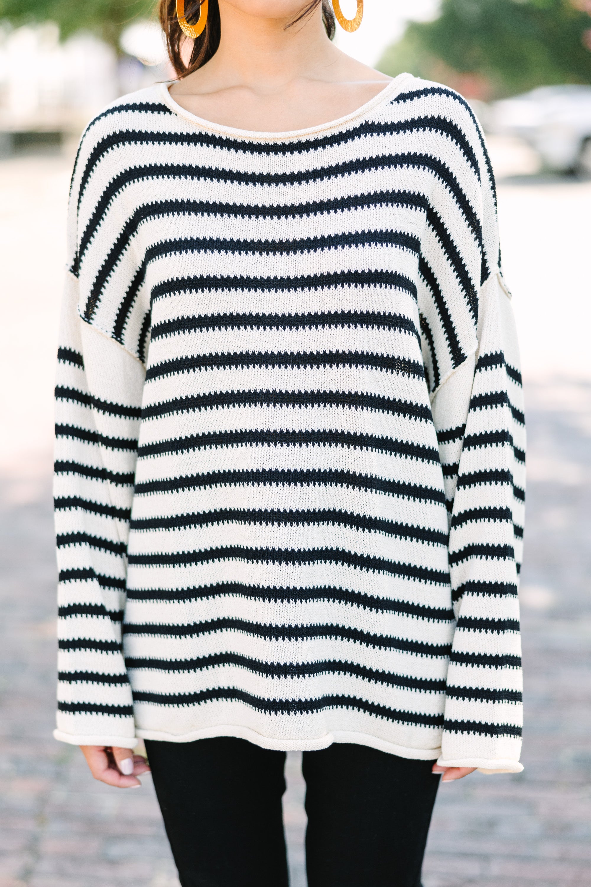 Joyful Ivory White Striped Oversized Sweater