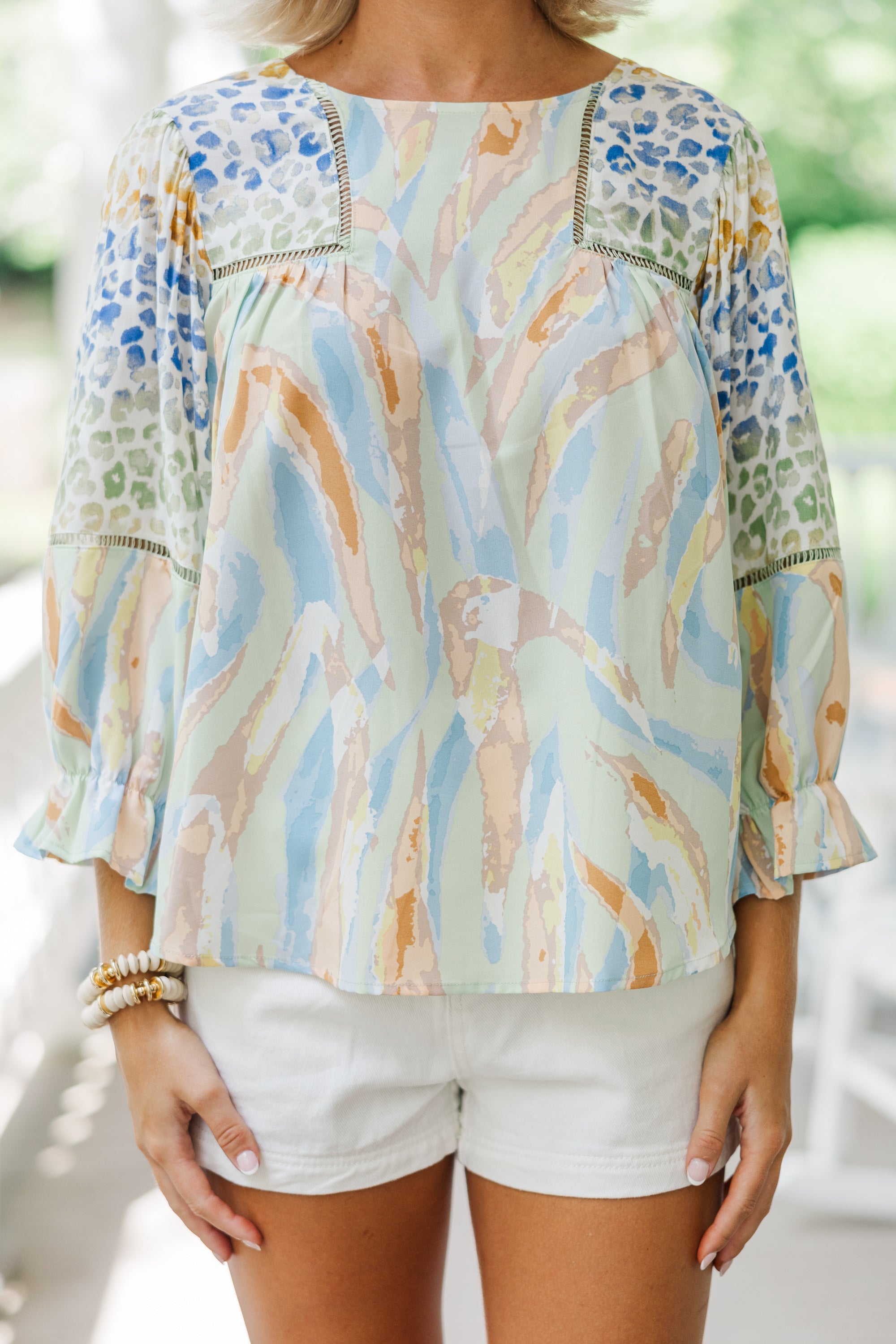 Fantastic Sage Green Mixed Print Blouse: A Must - Have for Style Mavens