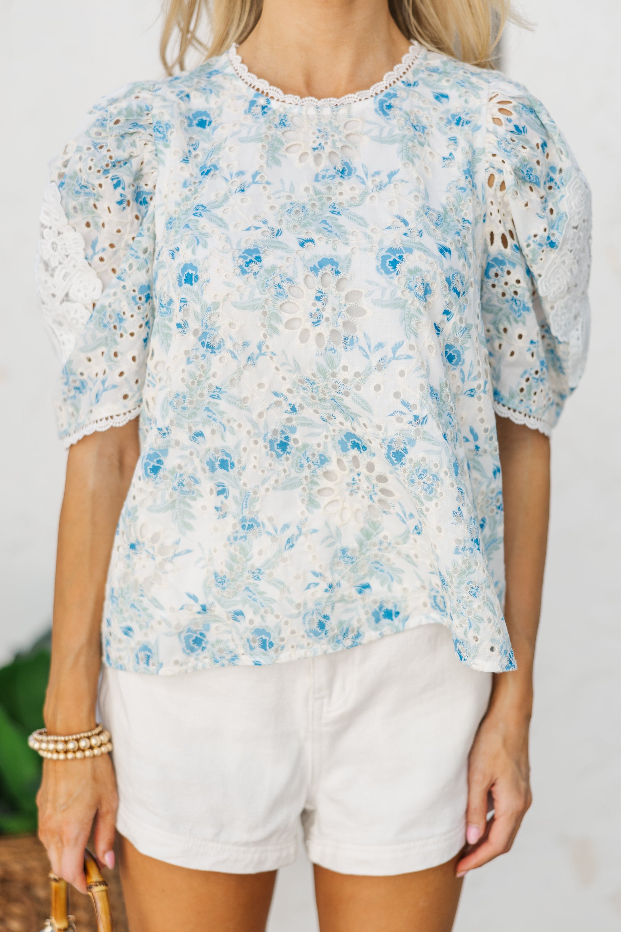 Joyful Blue Floral Eyelet Delight Blouse