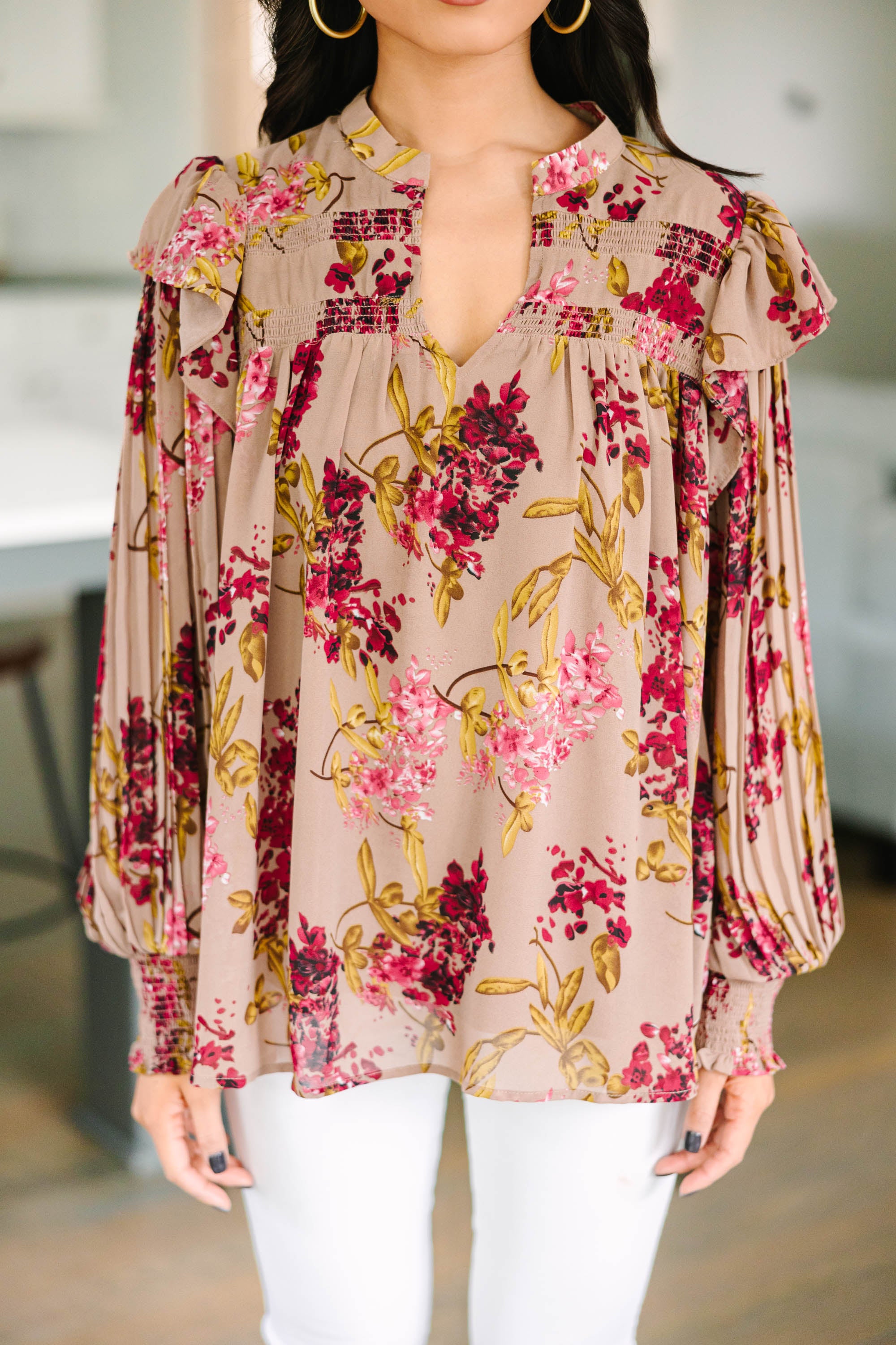 Gorgeous Latte Brown Floral Blouse - Feel Your Best!