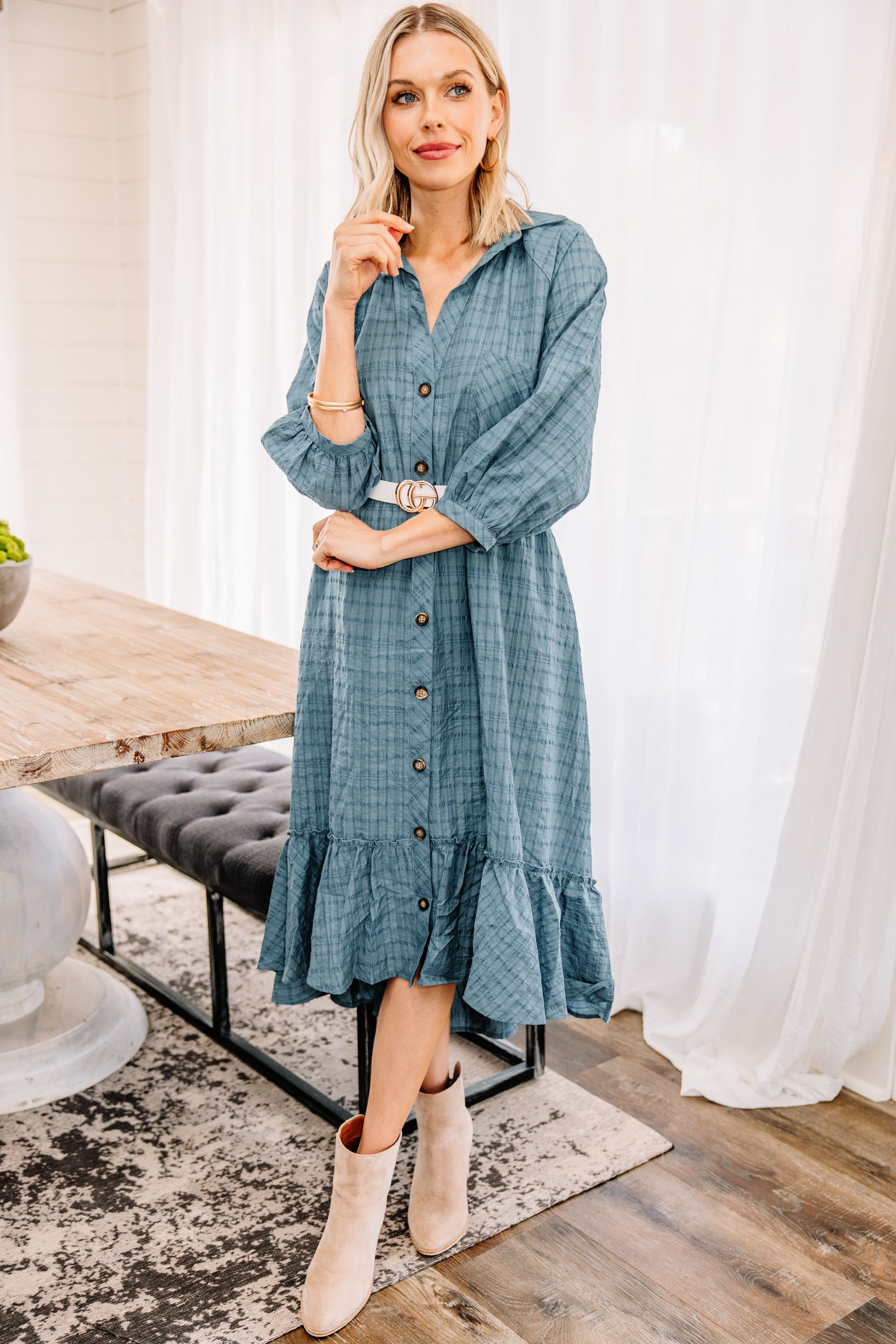 Lucky Charm Slate Blue Midi Dress - Feel Fabulous Now!