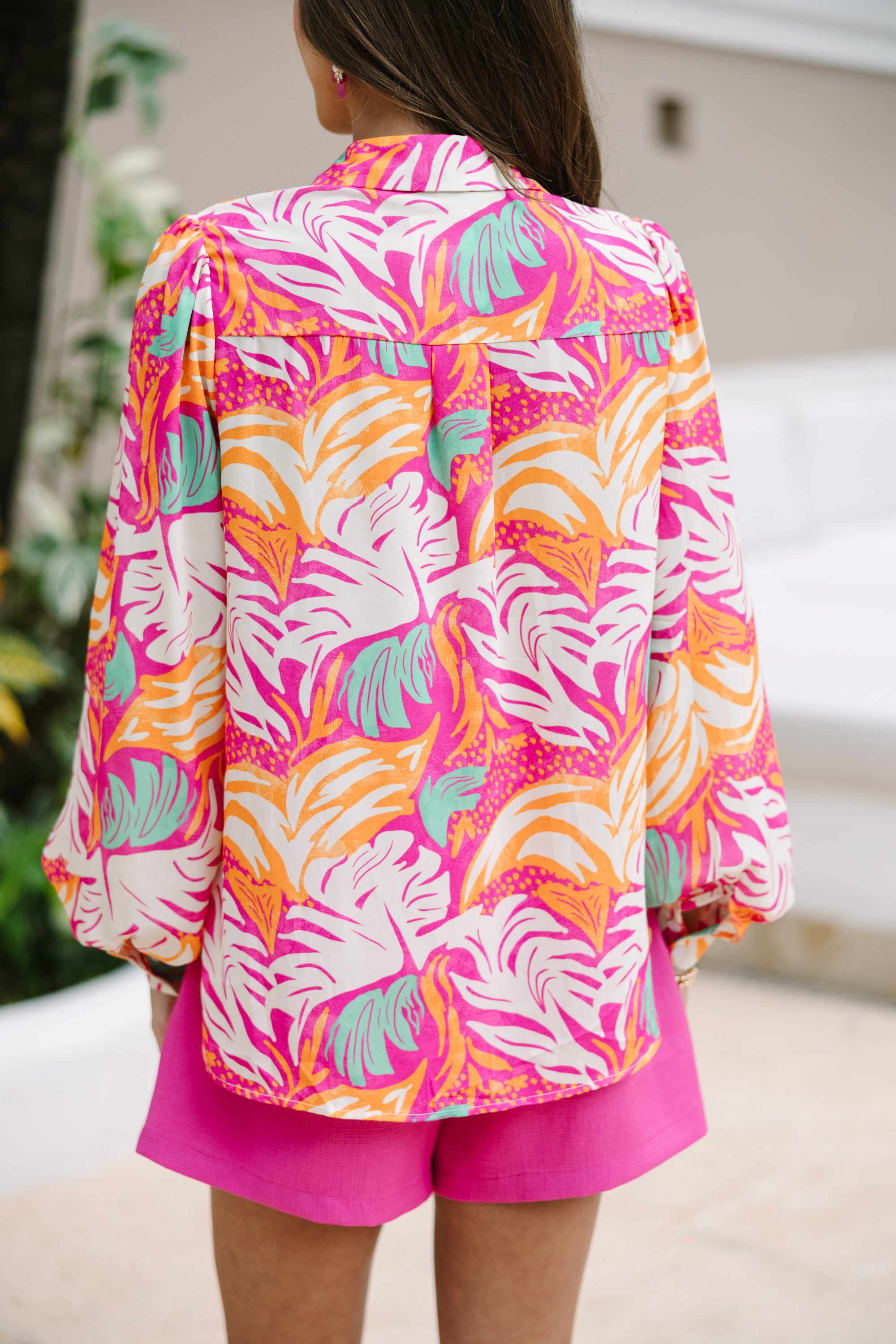 Stunning Fuchsia Pink Abstract Button - Down Blouse