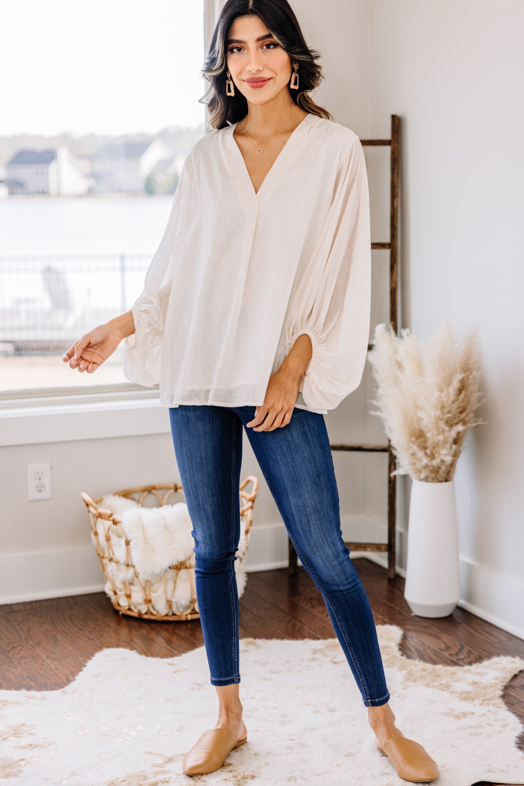 Confidently Stylish Ivory White Bubble Sleeve Blouse