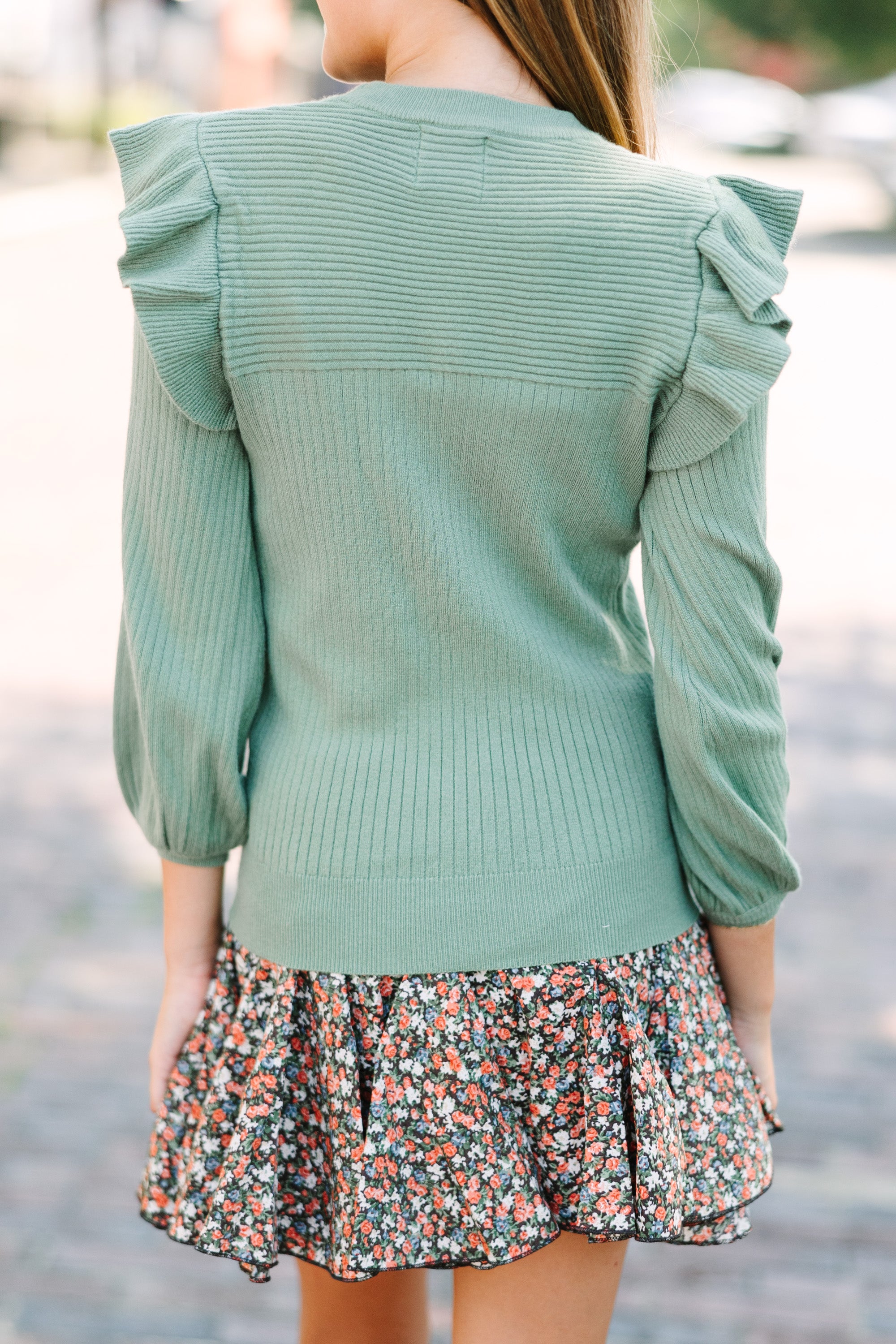 Girls' Irresistible Light Olive Green Ruffled Sweater