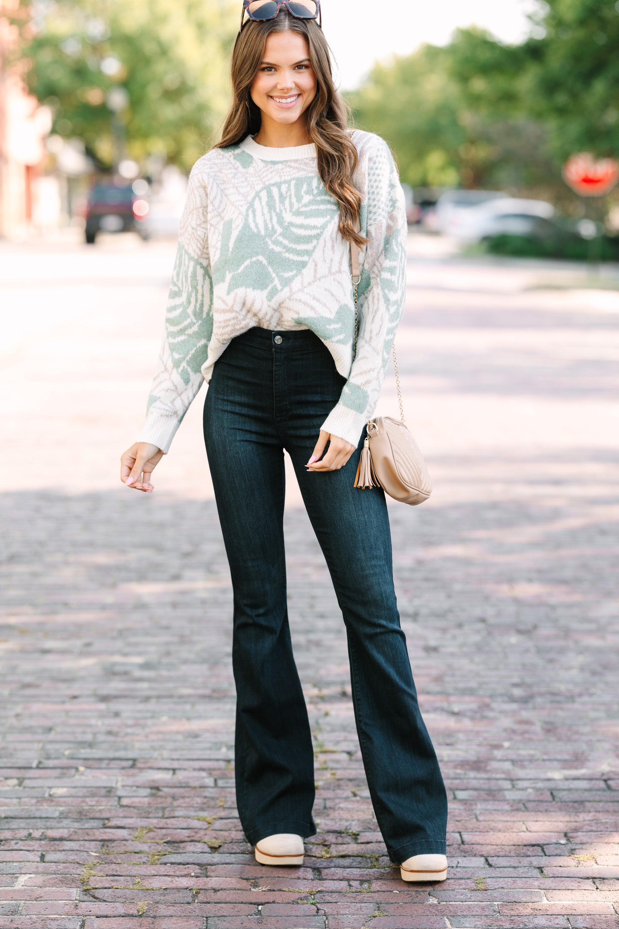 Alluring All In Love Sage Green Leaf Print Sweater