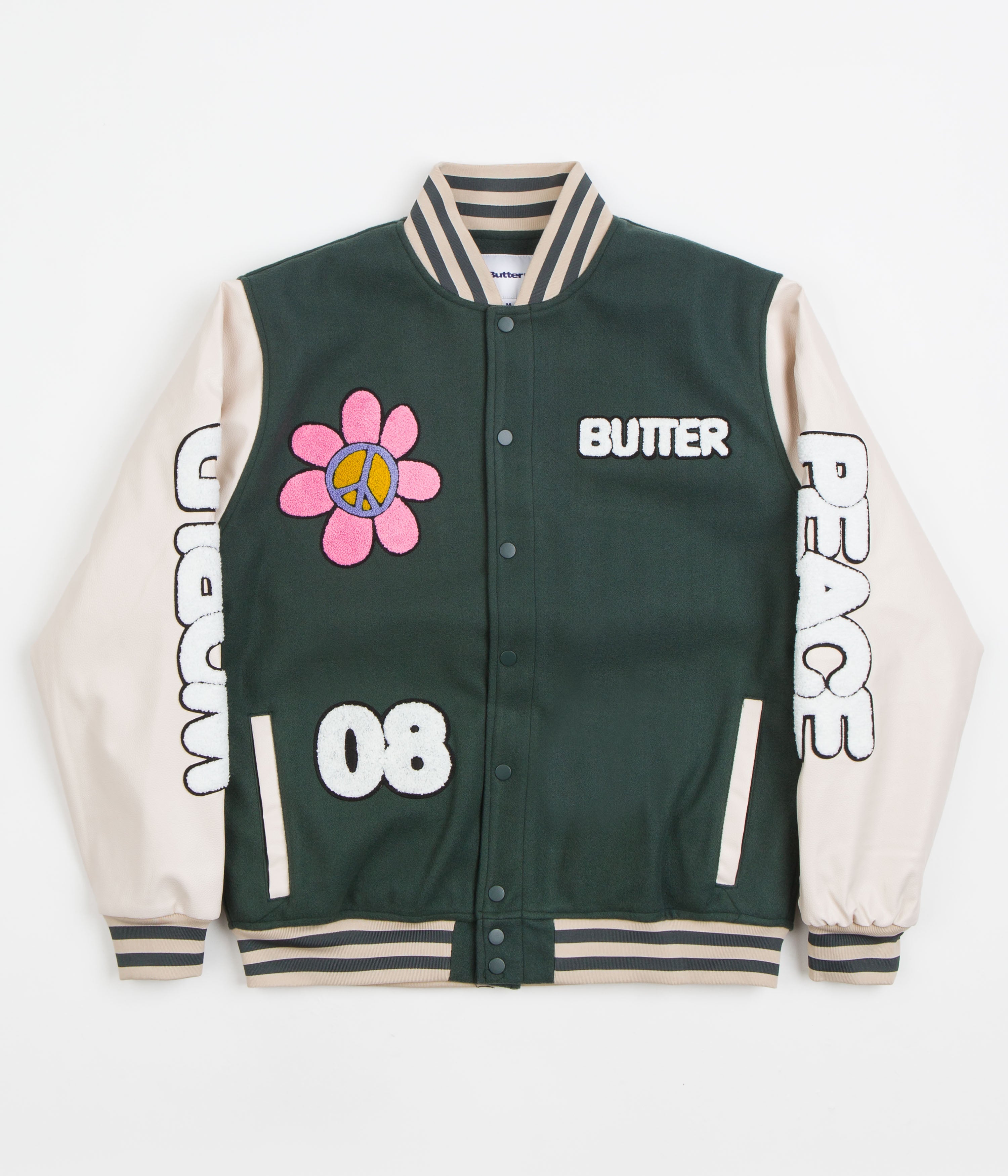 Butter Goods Forest Green World Peace Varsity Jacket - A Stylish Statement Piece