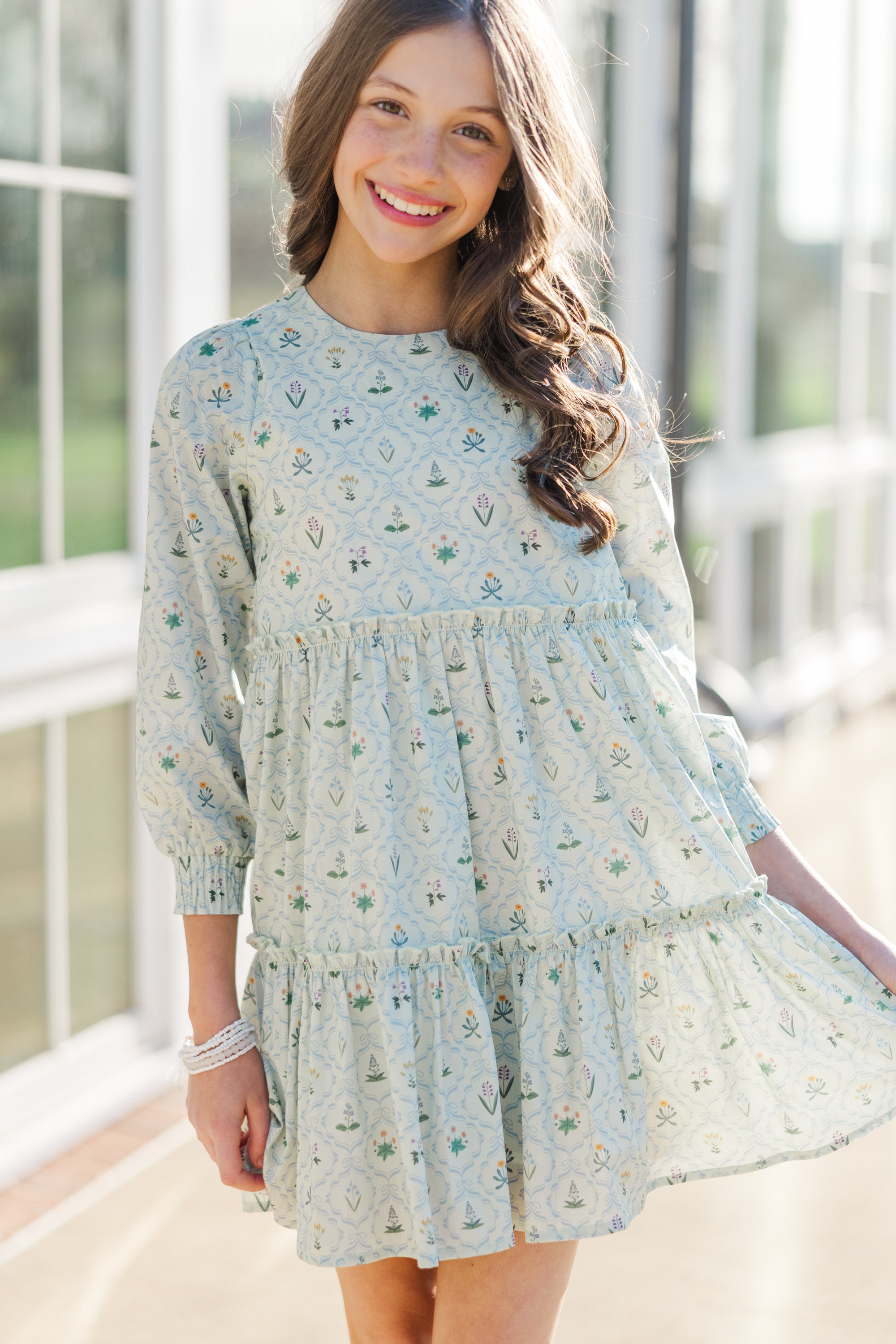 Girls' Enchanting Light Blue Floral Medallion Dress