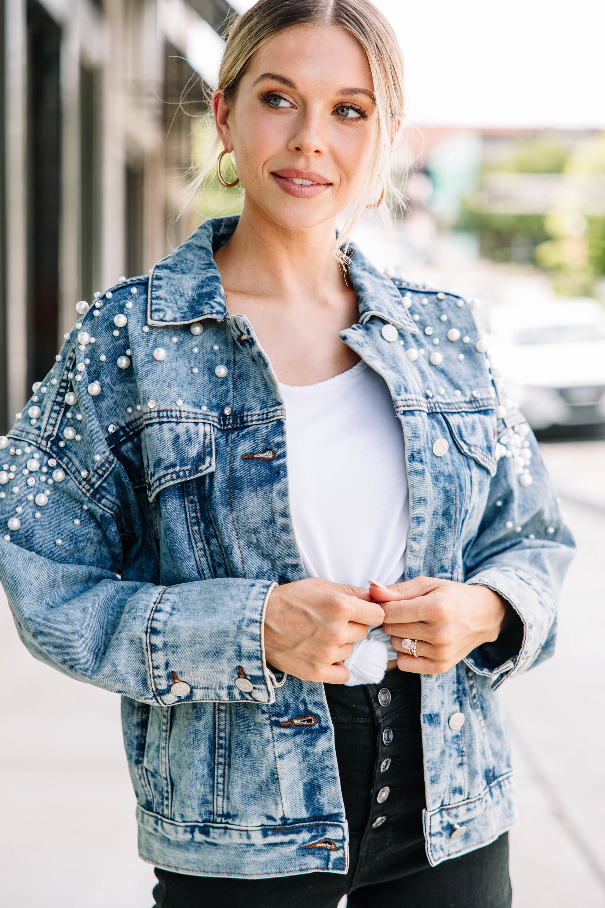 Gorgeous Back In Town Medium Wash Embellished Denim Jacket - A Must-Have!