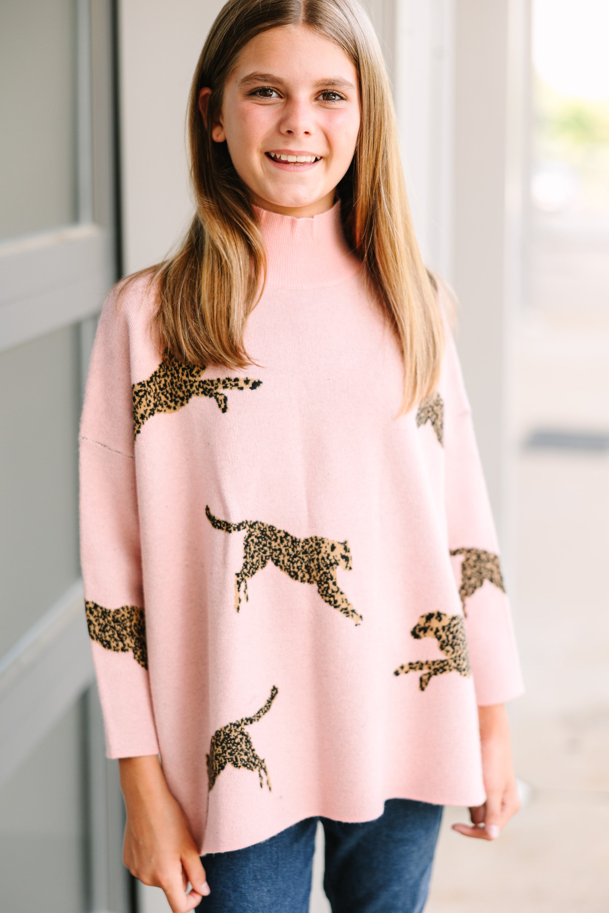 Girls' Light Pink Cheetah Print 3/4 Sleeve Cozy Sweater - Quick Must-Have!