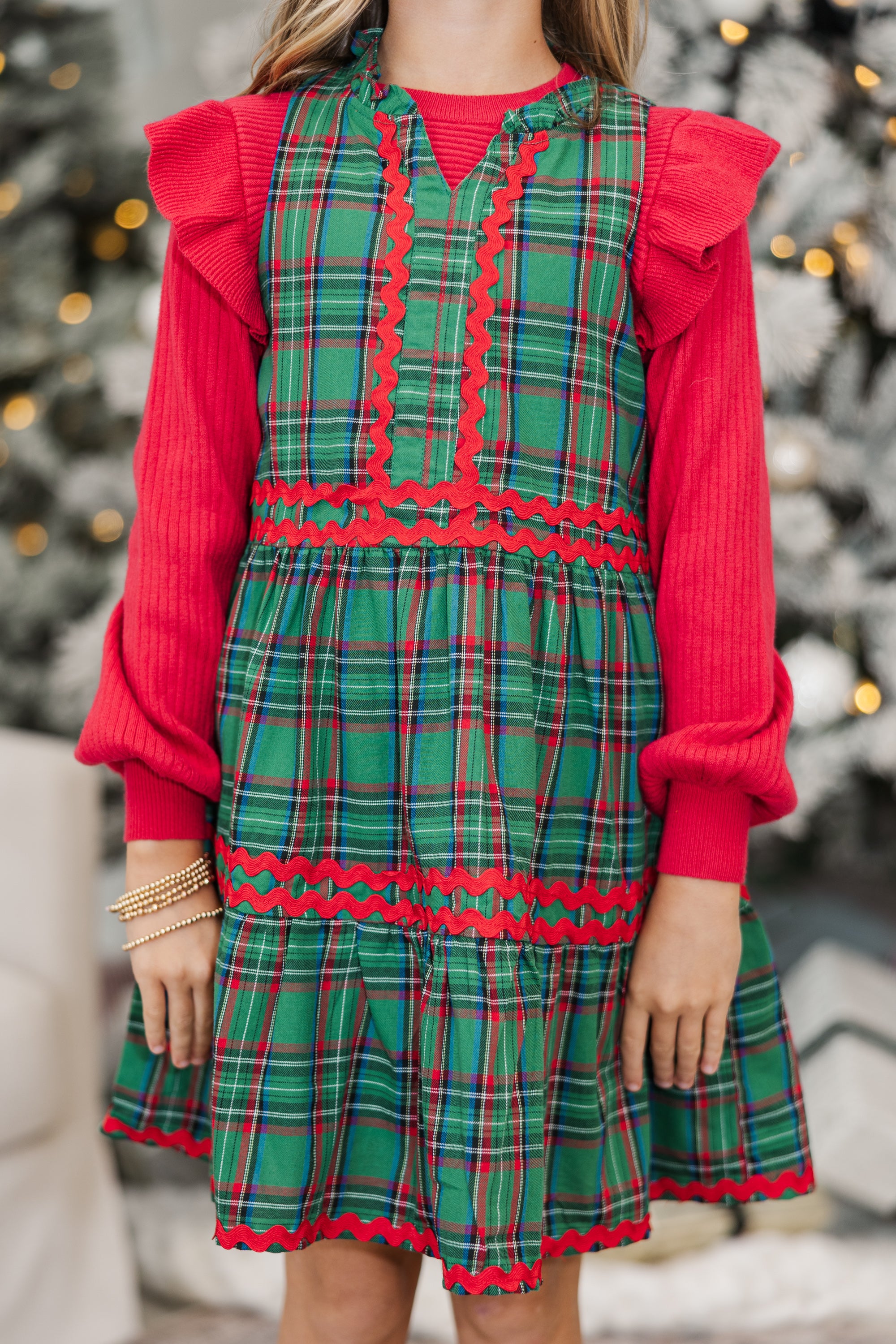 Girls' Enchanting Green Plaid Dress for Leisure Time