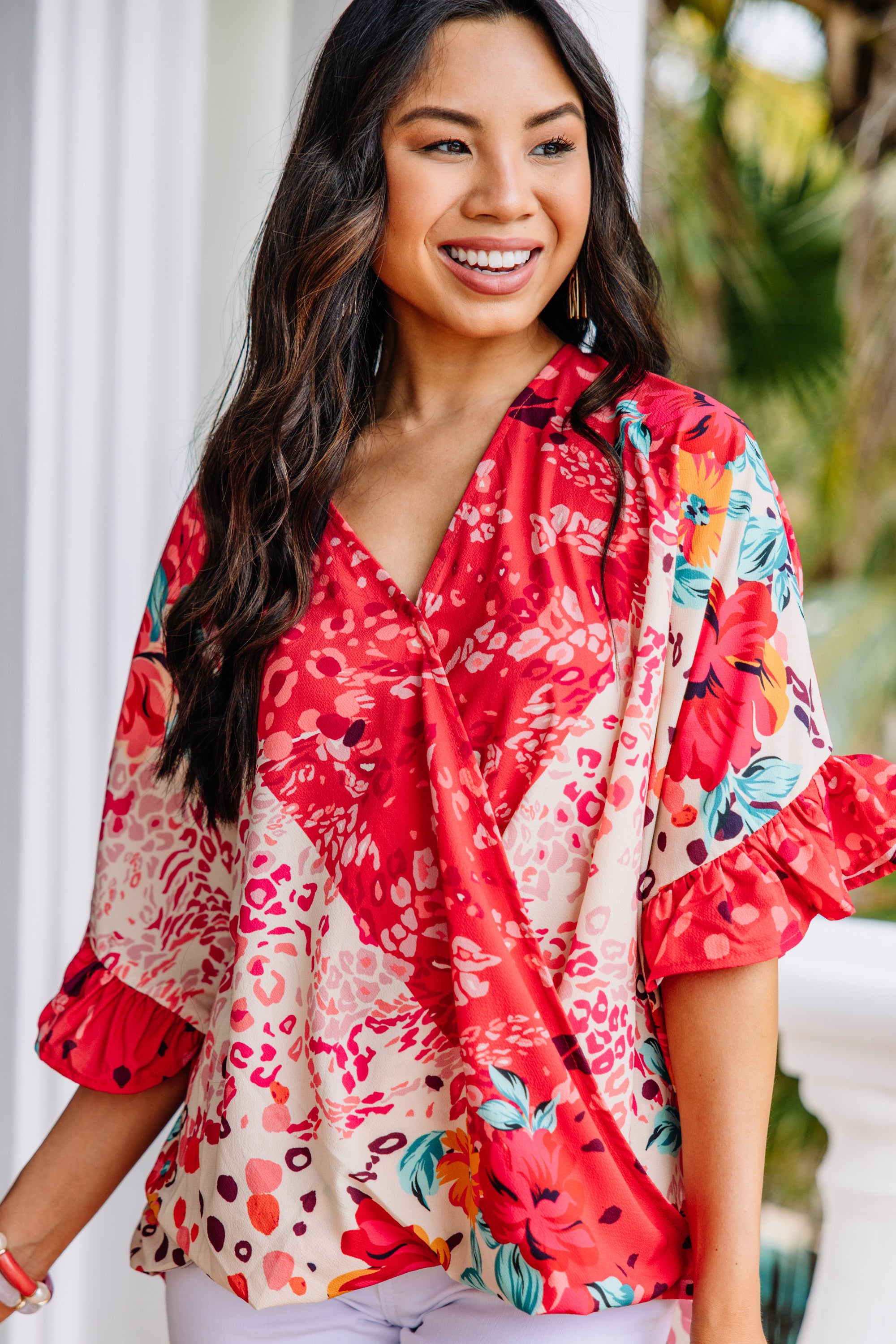 Be So Bold: Stunning Coral Red Mixed Print Top
