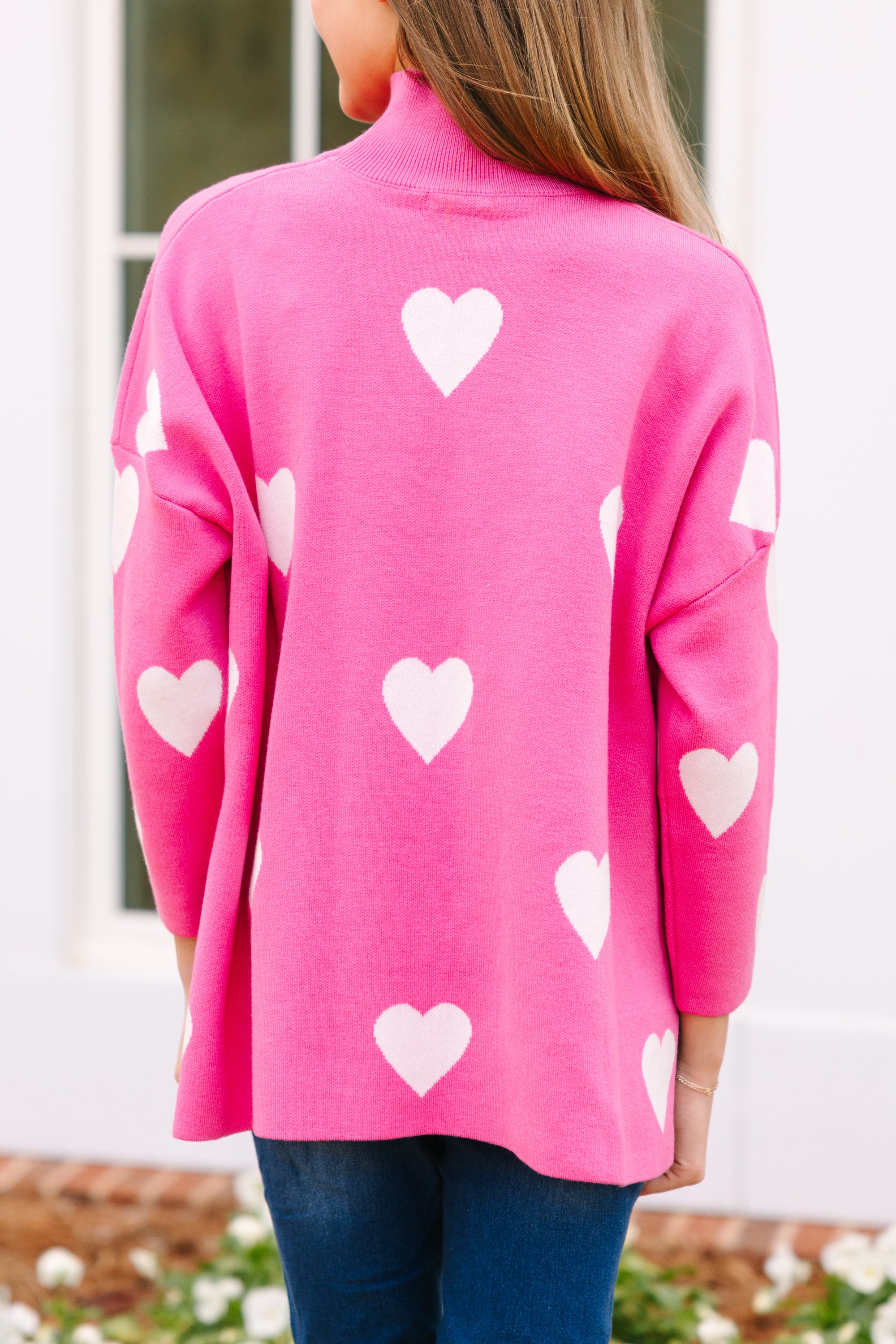 Girls' Pink & White Heart Quick - Pick Sweater