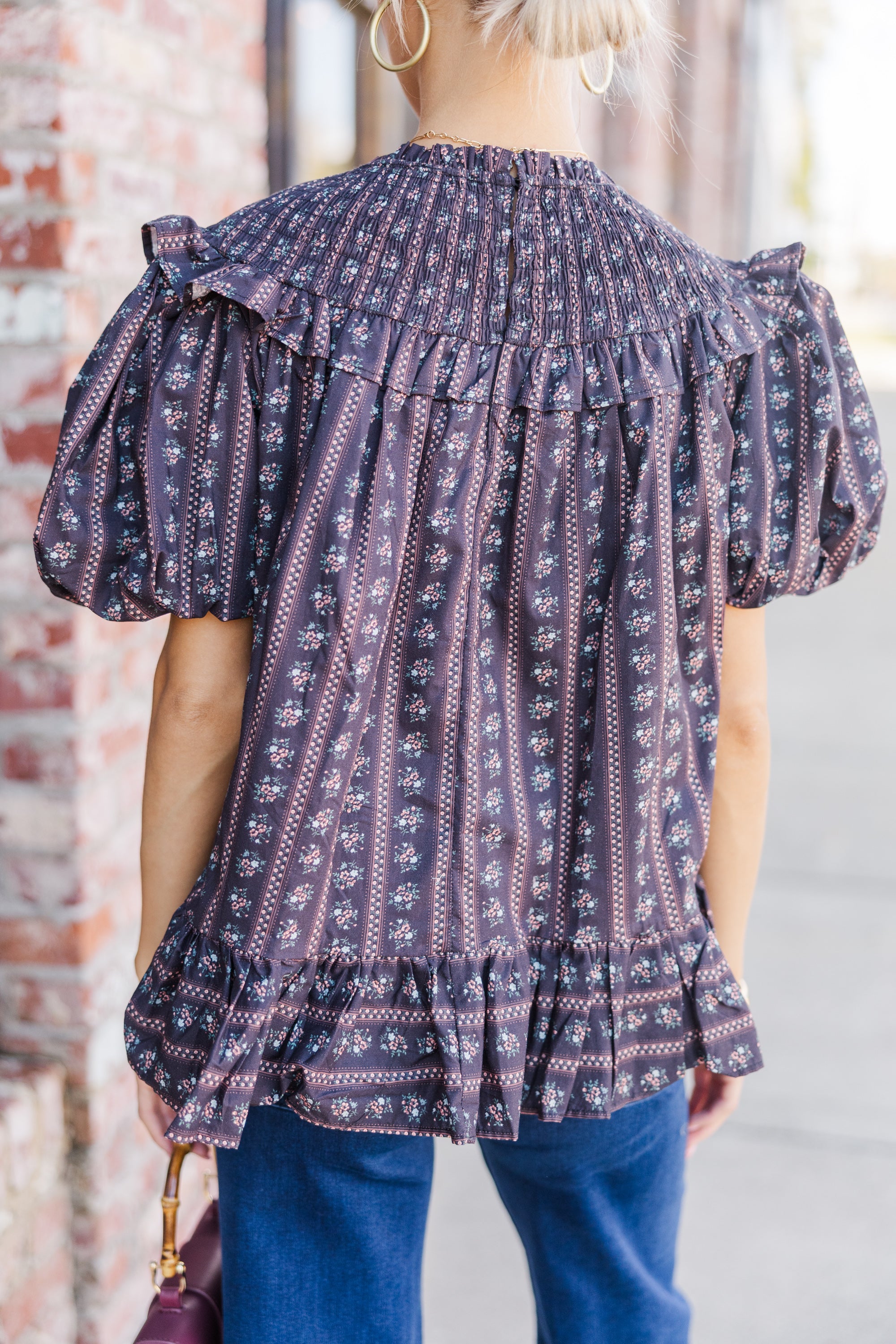 Aureum: Unforgettable Black Ditsy Floral Babydoll Blouse