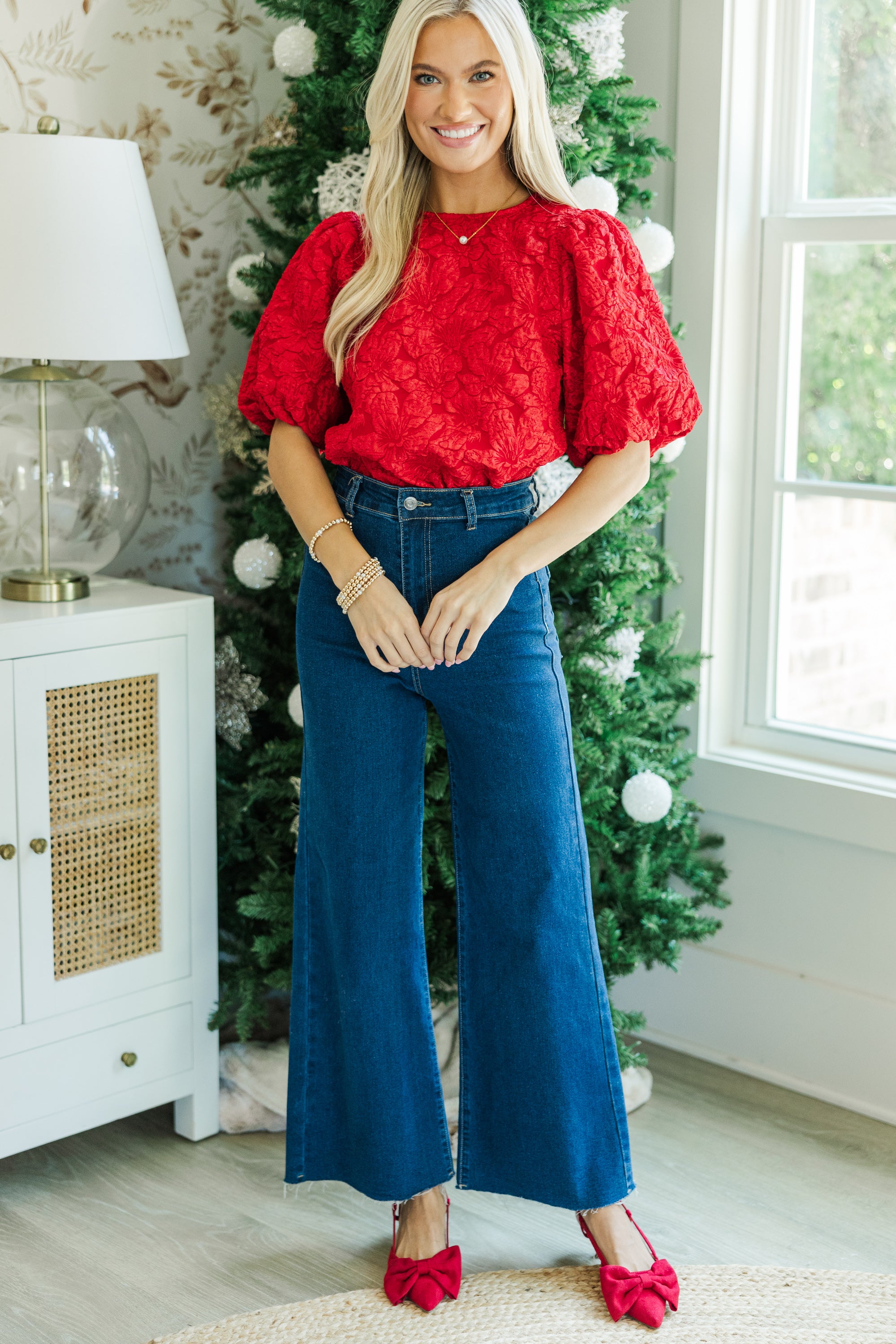 All Is Bright Red Festive Jacquard Blouse - A Holiday Must-Have!