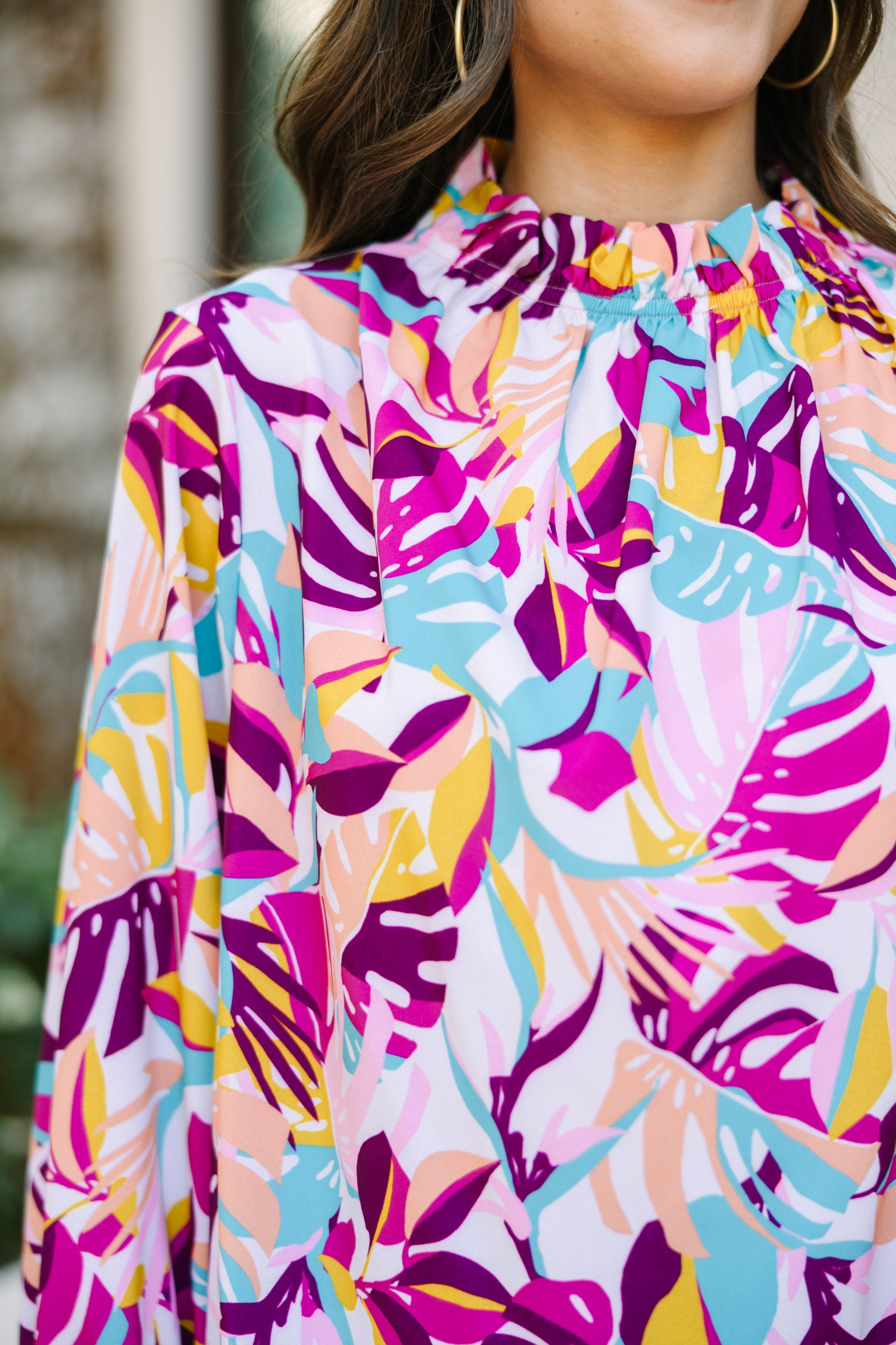 Unleash Your True Self with Fuchsia Pink Tropical Floral Blouse