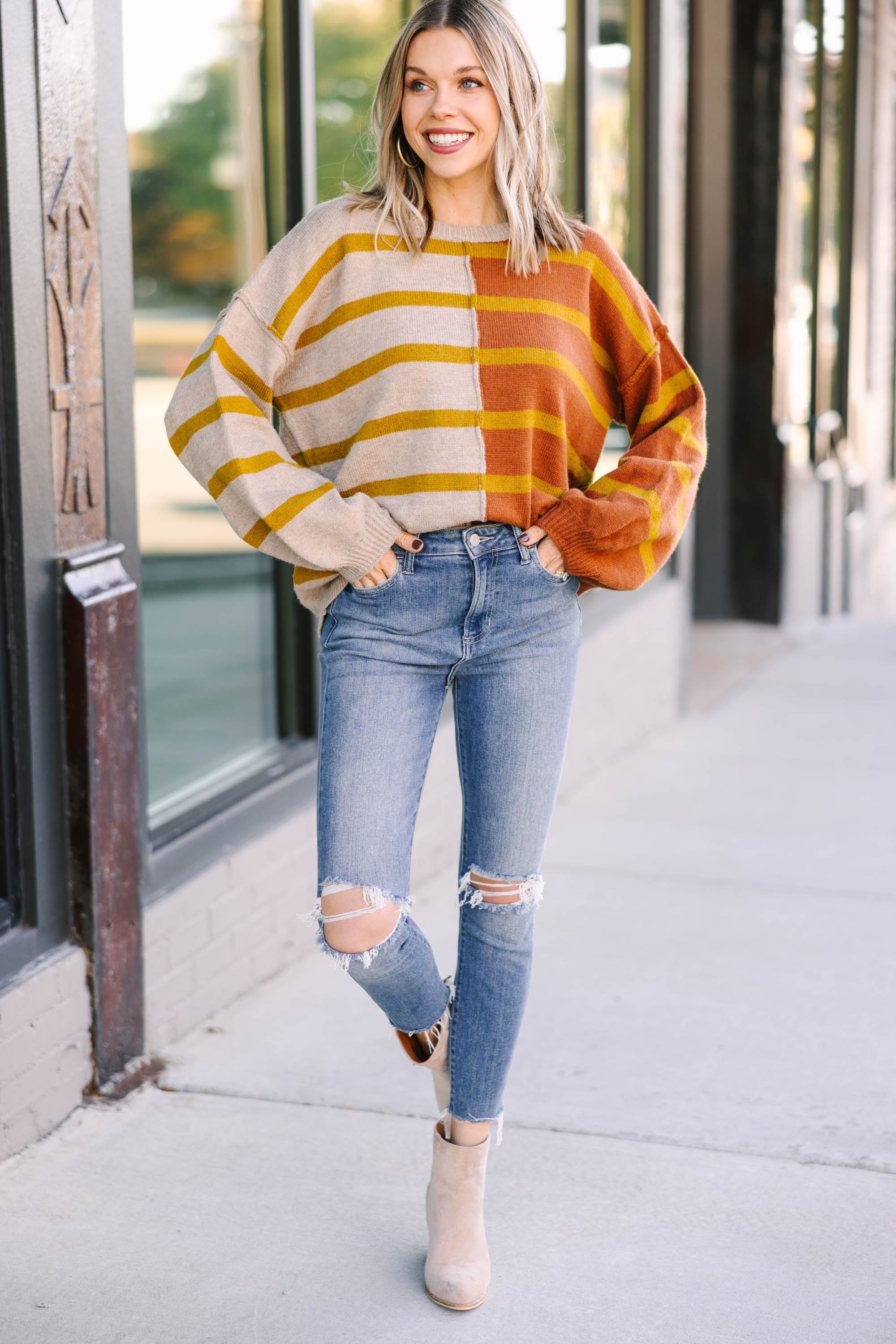 Gorgeous Rust Orange Back-And-Forth Striped Sweater